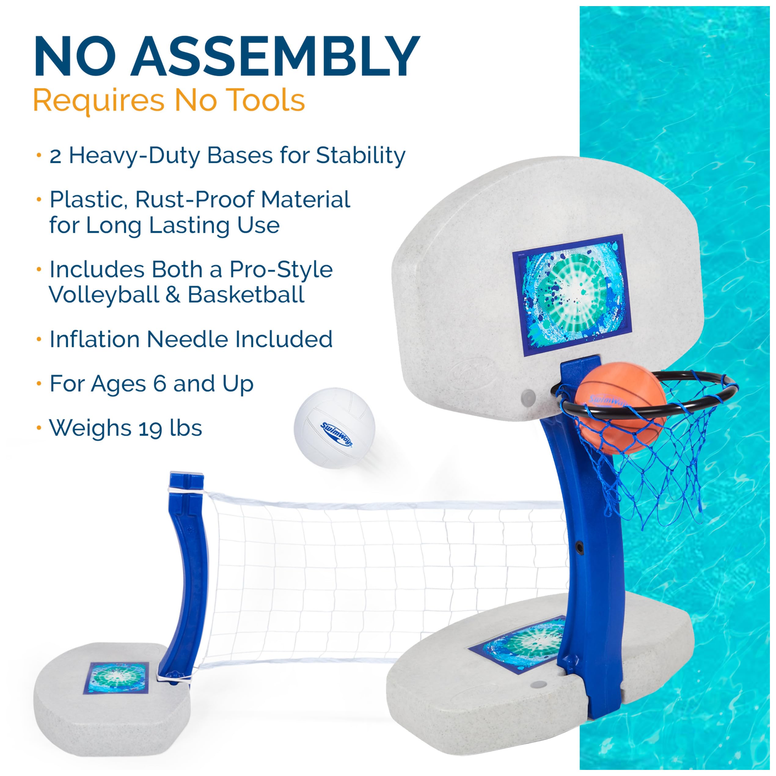 SwimWays 2-in-1 Pool Sport Combo Set - Volleyball Net & Basketball Hoop for Inground & Above Ground Pools | Outdoor Water Games for Adults & Kids | Perfect for Summer Pool Parties & Family Fun