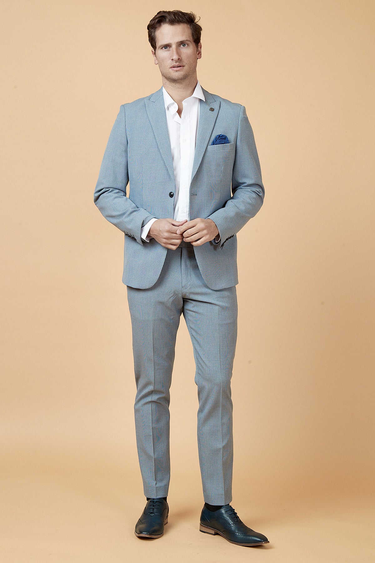 BROMLEY Sky Blue Check Two Piece Suit for Men - Classic Formal Business Attire - Perfect for Office, Weddings & Special Occasions