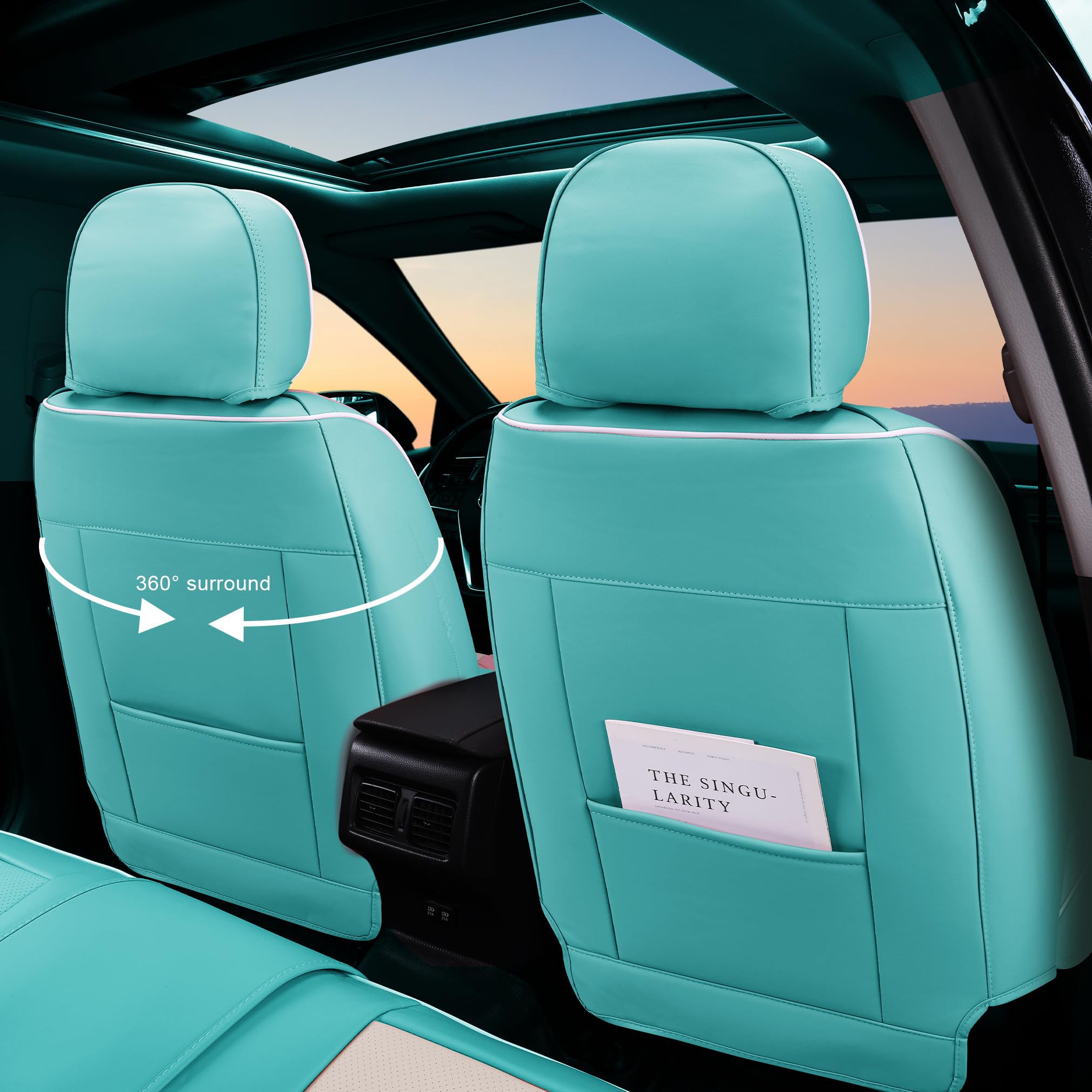 Universal Waterproof PU Leather Car Seat Covers Full Set - Premium Auto Interior Accessories for Cars, SUVs & Pickup Trucks (Green-Beige) | Perfect for Road Trips, Daily Commutes & Family Protection