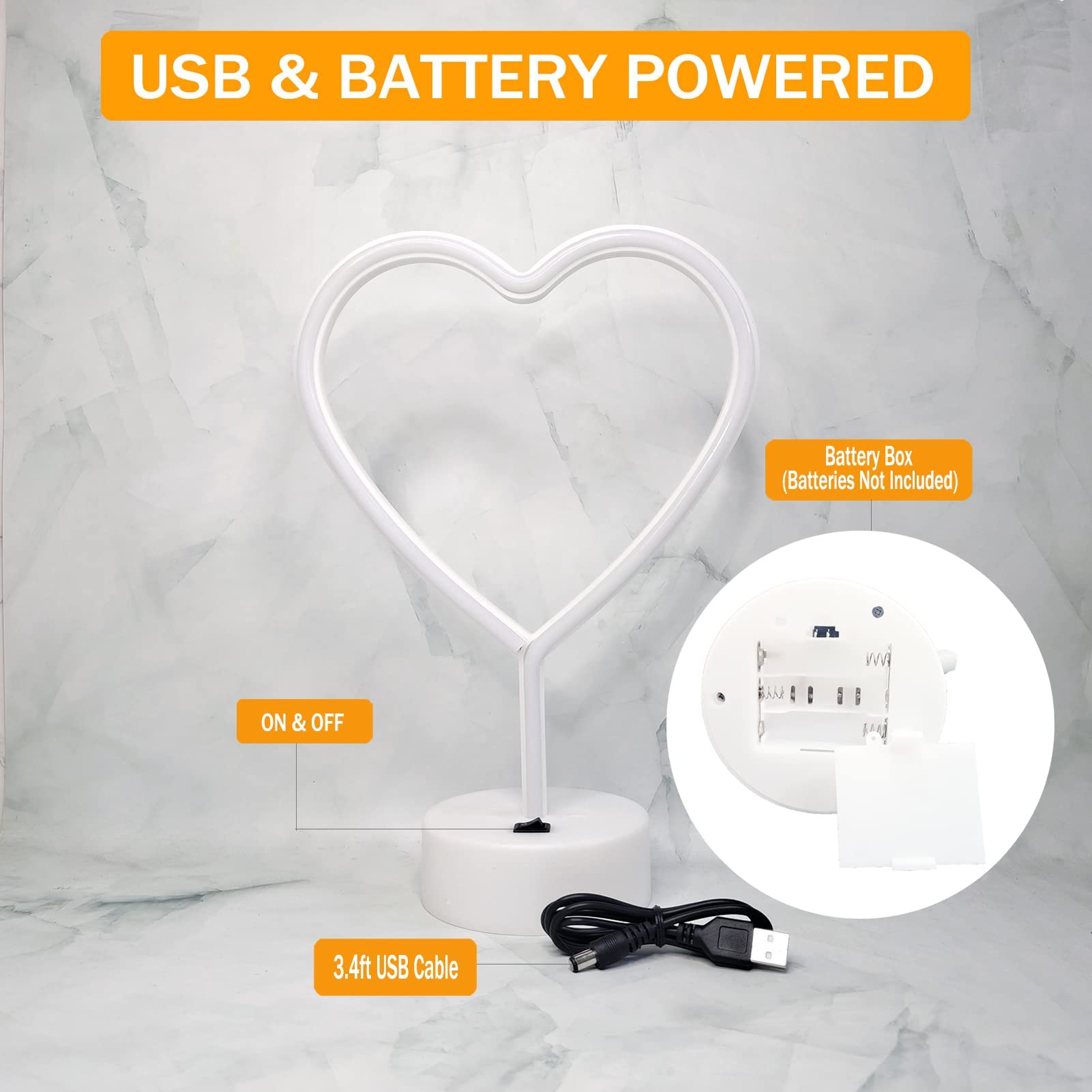 Heart Shaped LED Neon Light - USB/Battery Powered Romantic Bedroom Night Light with Base, Perfect for Valentine's Day Decor, Anniversary Gifts, Wedding Decorations & Cozy Bedroom Ambiance