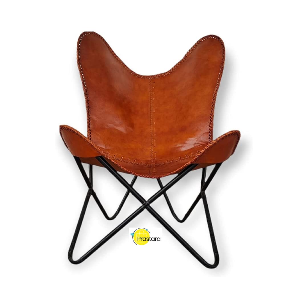 Vintage Leather Butterfly Chair - Hand-Stitched Tan Brown Lounge Chair with Powder-Coated Iron Frame for Living Room, Patio & Bedroom - Foldable Relaxing Armchair for Home Décor & Indoor/Outdoor Use