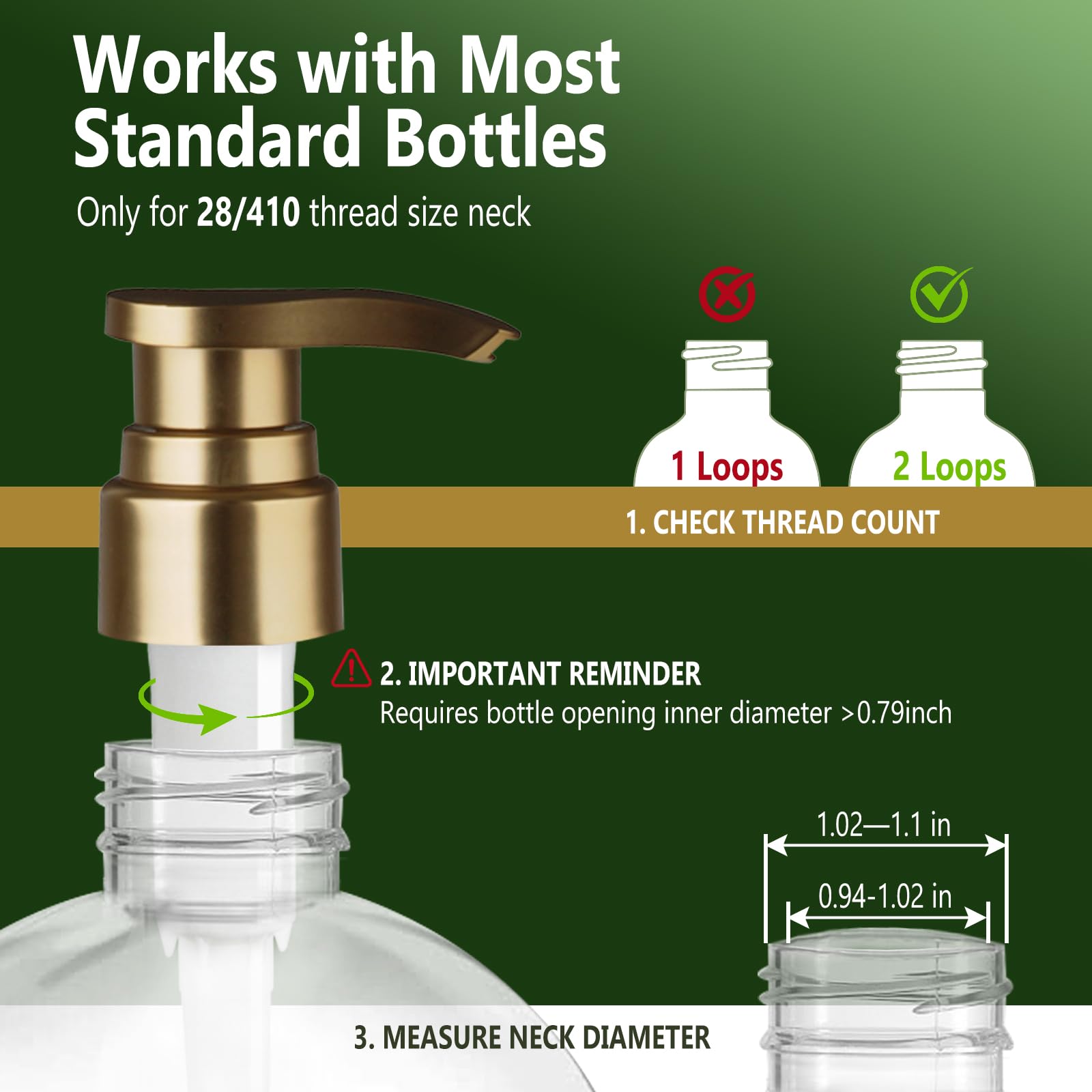 Amolliar 2-Pack Gold Replacement Pump Top for 1L/33.8oz Bottles - Fits 28/410 Neck Size Shampoo, Conditioner, Body Wash, Lotion & Hand Soap Dispenser - Perfect for Bathroom, Kitchen & Salon Use