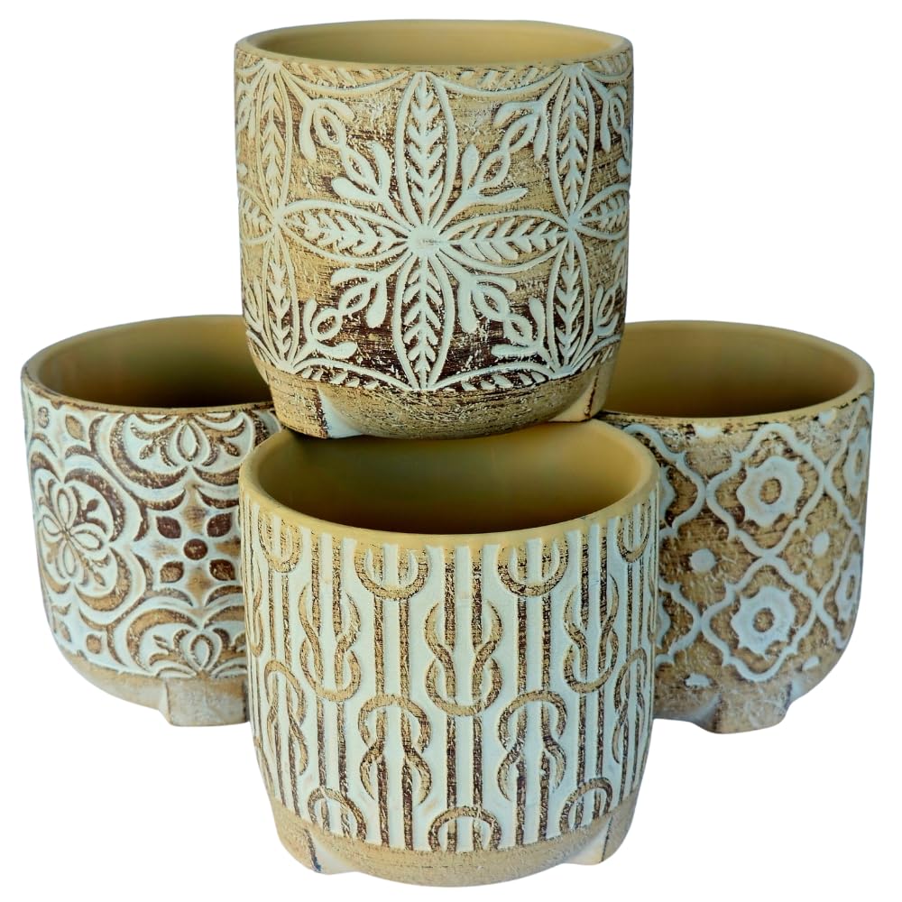 Set of 4 Modern Beige Ceramic Succulent Plant Pots with Drainage Holes - Elegant Indoor Small Planters for Home Decor, Office Desk, Windowsill & Gift Giving