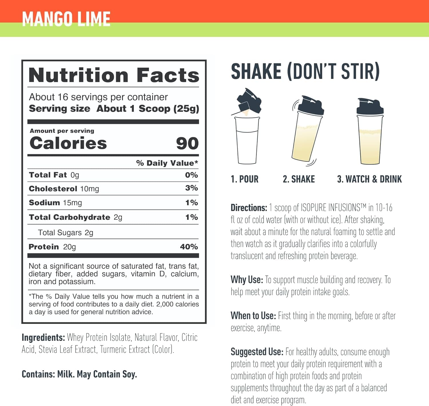 Isopure Clear Whey Isolate Protein Powder - Lactose Free, Gluten Free, Naturally Flavored Mango Lime - 20g Protein Per Serving - 14.1 Oz (16 Servings) | Post-Workout Recovery & Healthy Lifestyle Supplement