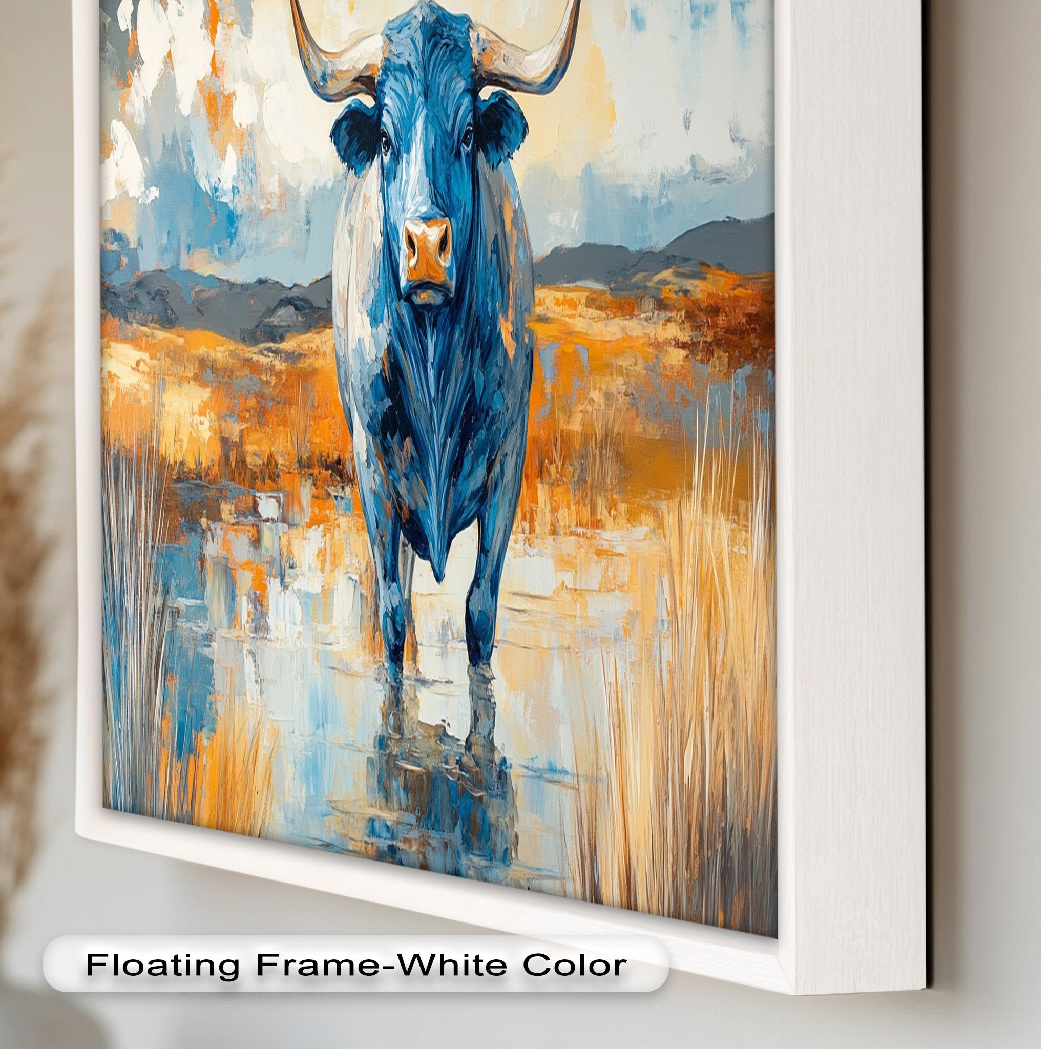 Blue Desert Bull - Hand Painted Animal Oil Canvas Artwork | Western Wildlife Decor for Living Room, Bedroom & Office