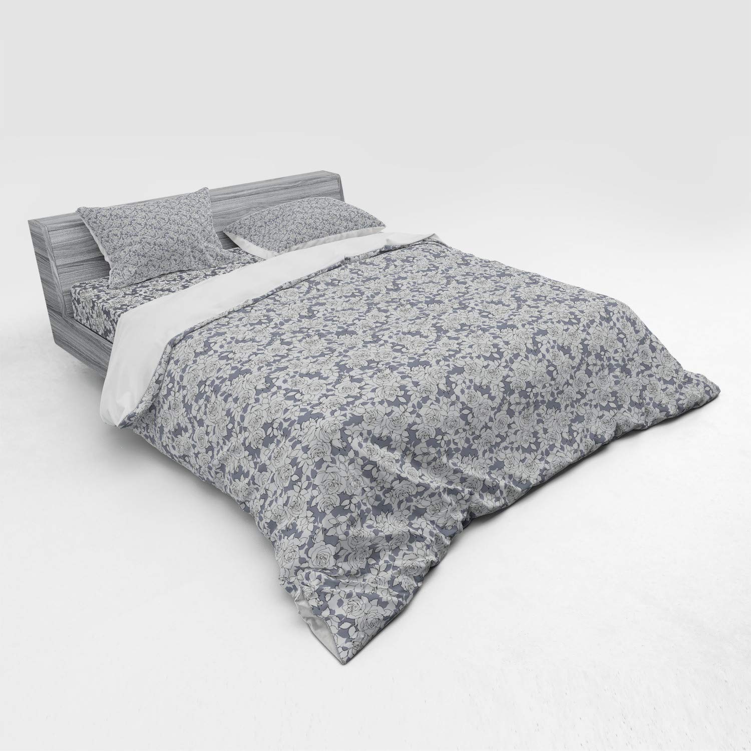 Ambesonne Rose Floral Bedding Set - 4 Piece Duvet Cover with Shams & Fitted Sheet, King Size, Purple Blue White Neutral Tones Romantic Garden Design | Perfect for Master Bedroom, Guest Room & Bohemian Home Decor