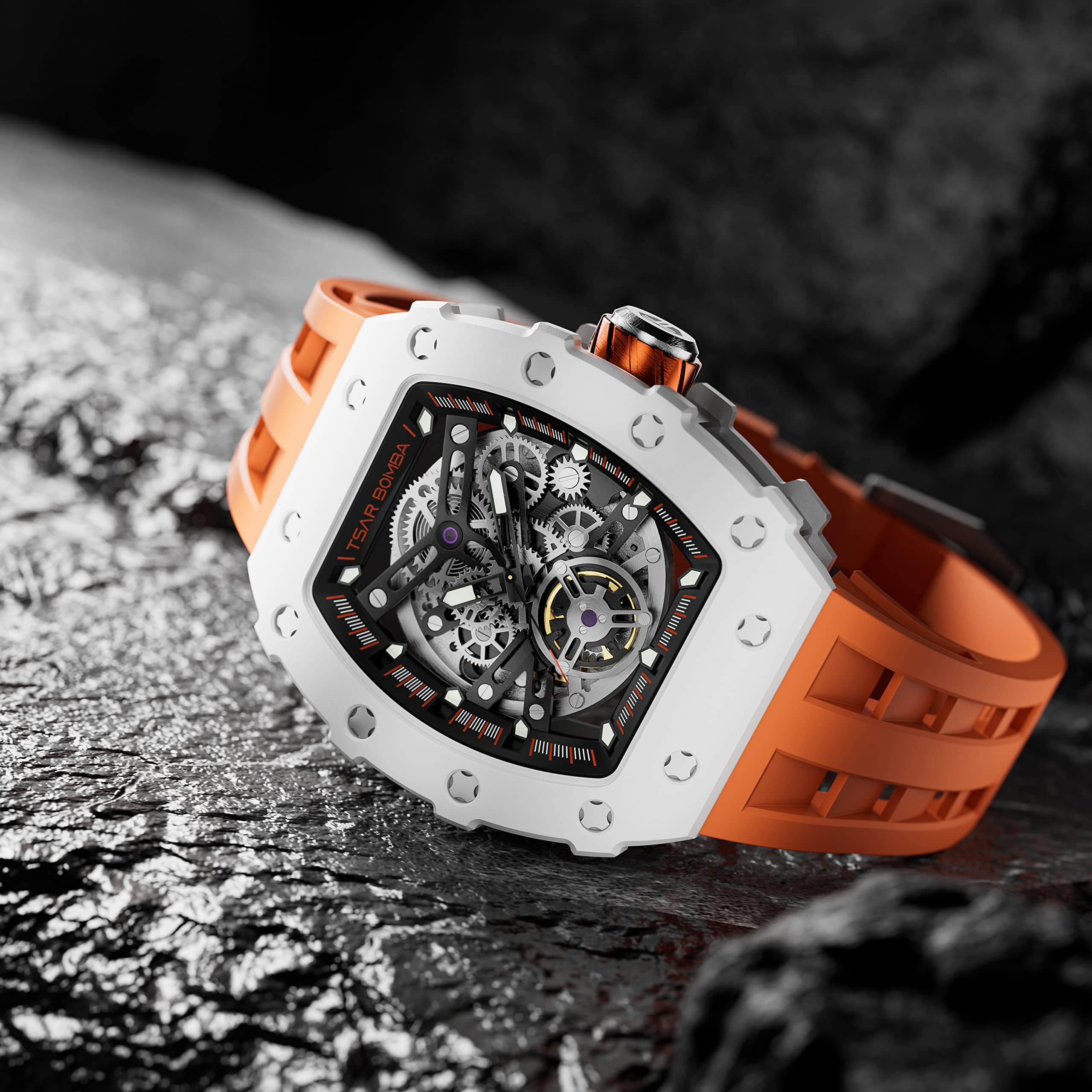 TSAR BOMBA Men's Automatic Skeleton Watch - Luxury Mechanical Tonneau Watch with 50M Waterproof, Big Square Dial & Silicone Strap - Perfect for Business, Formal Events & Everyday Wear