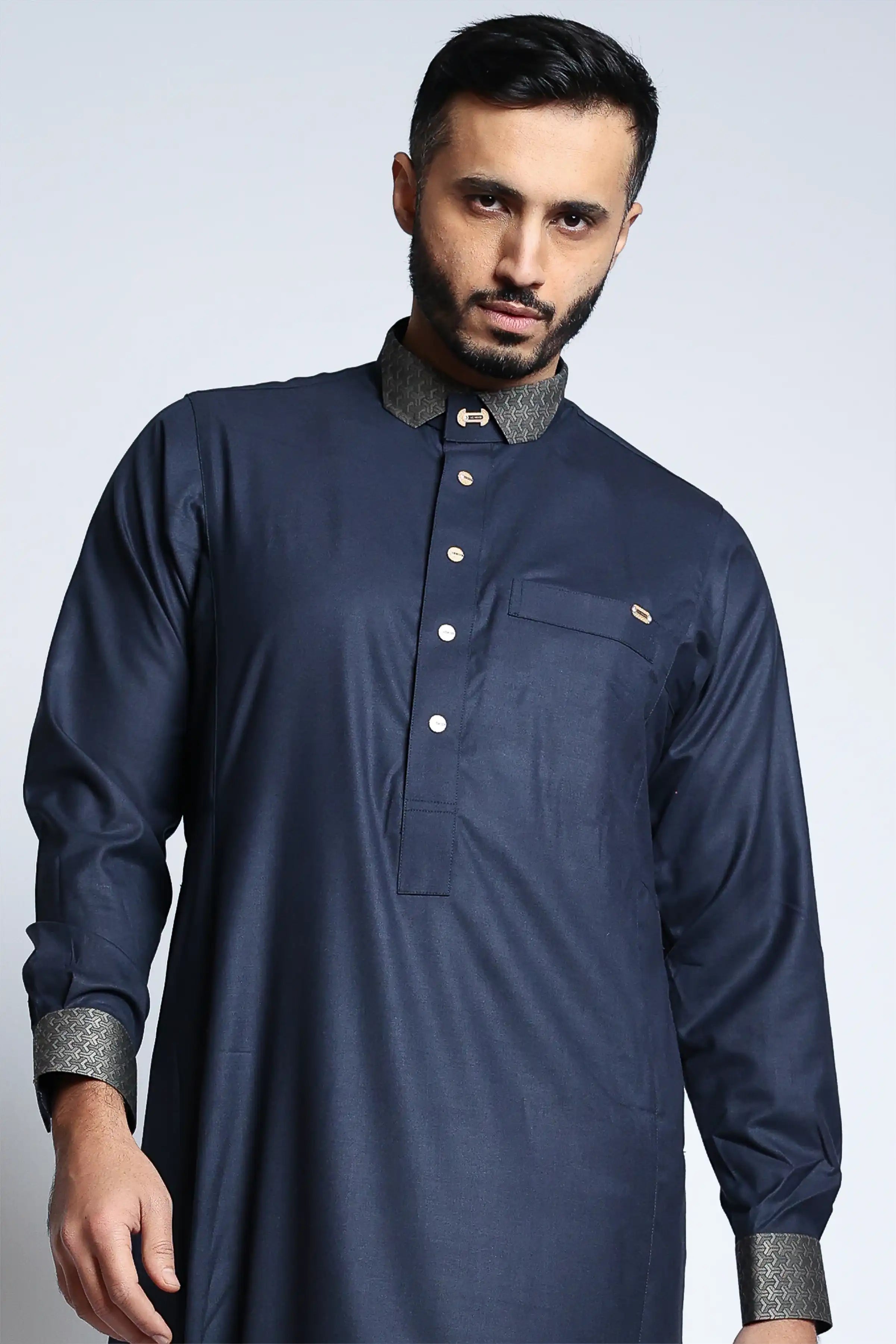 J153 Diplomatic Blue Cutaway Thobe - Premium Embroidered Arabic Robe for Men - Perfect for Weddings, Eid, and Formal Events