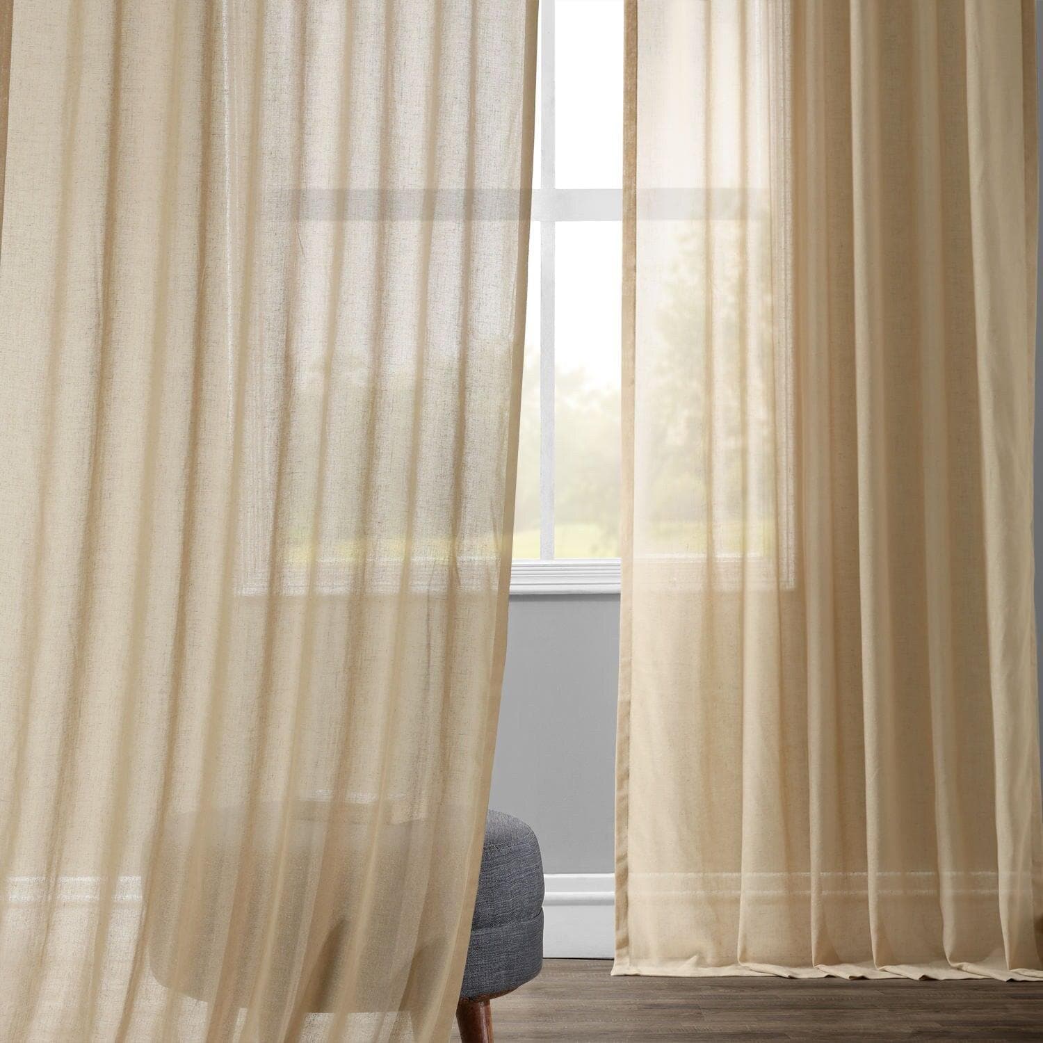 Raffia Tan Textured Faux Linen Sheer Curtains - Light Filtering Window Drapes for Living Room, Bedroom & Office Decor