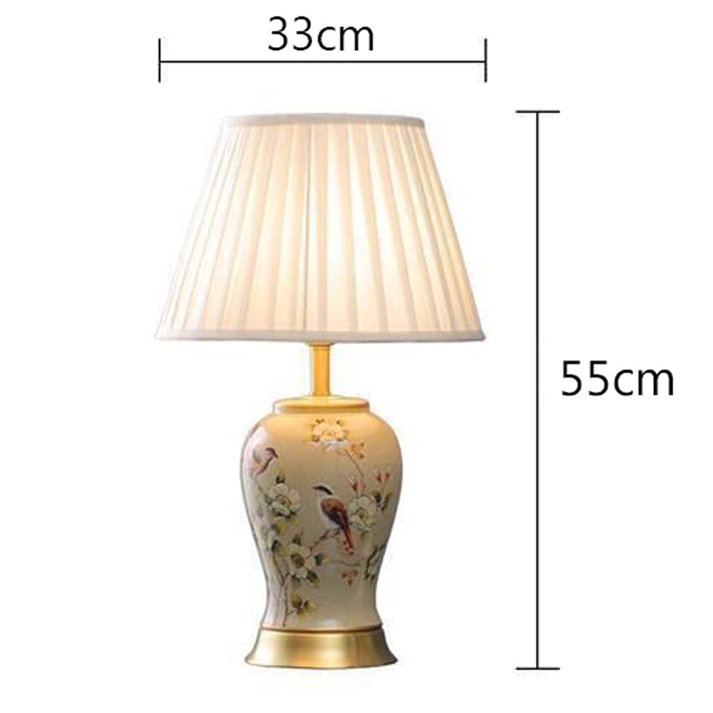 Hand-Painted Chinese Ceramic Table Lamp with Flowers & Birds Design - 55x33cm Modern Porcelain Nightstand Lamp for Living Room, Bedroom & Office Decor