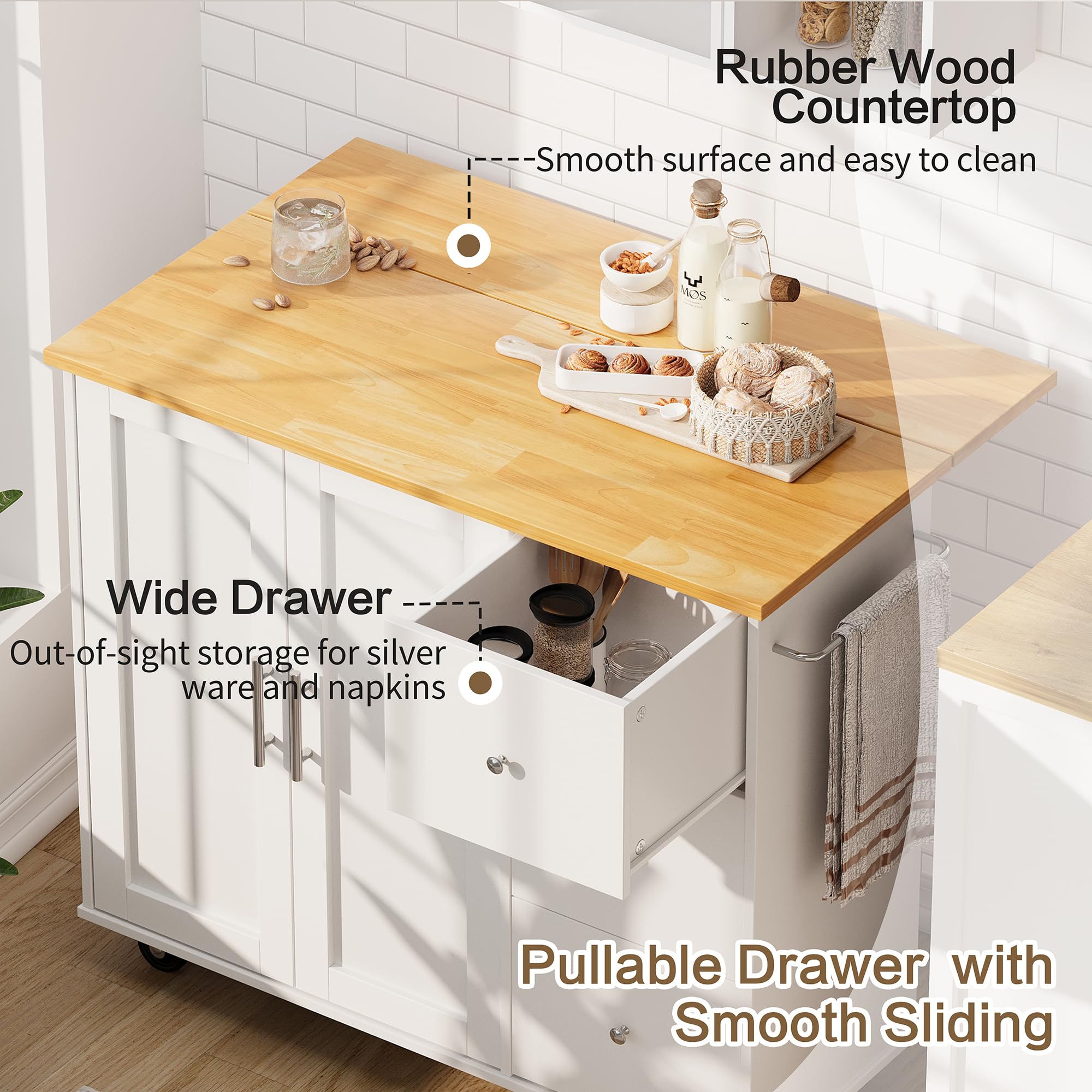 SUNLEI 39.7-Inch White Kitchen Island Cart on Wheels with Storage Cabinet & Foldable Drop Leaf - Portable Rolling Kitchen Table with Towel Handle - Perfect for Small Kitchens, Apartments & Dining Room Prep