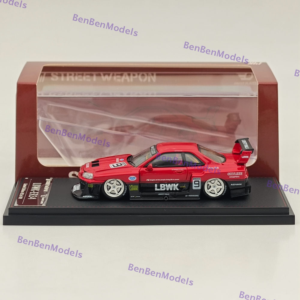 1:64 Scale LBWK GTR ER34 #9 Red Open Version Diecast Model Car - Collectible Street Weapon for Display & Racing Scenes