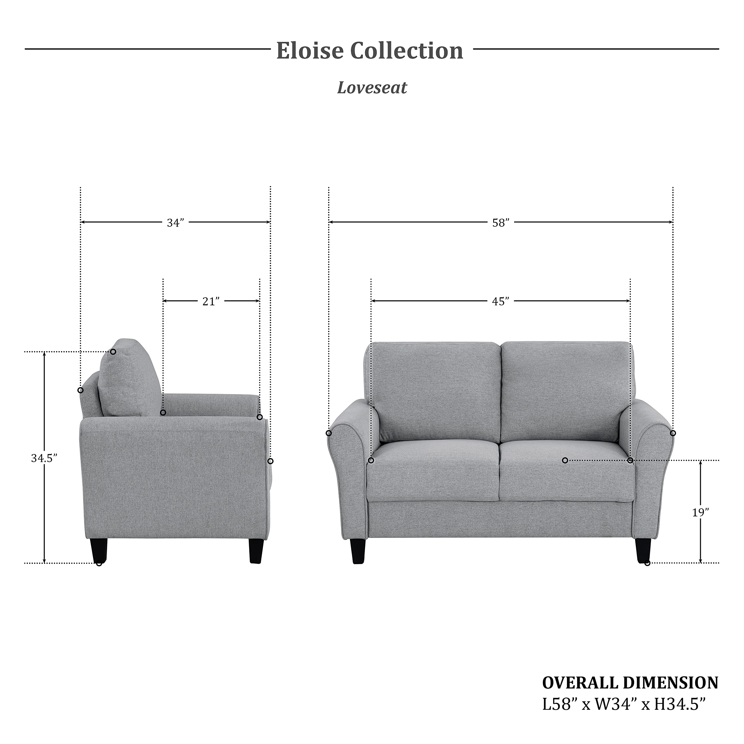 Lexicon Eloise Modern Loveseat Sofa for Living Room - Dark Gray Upholstered Fabric, Comfortable Small Couch for Apartments, Lounge & Cozy Spaces