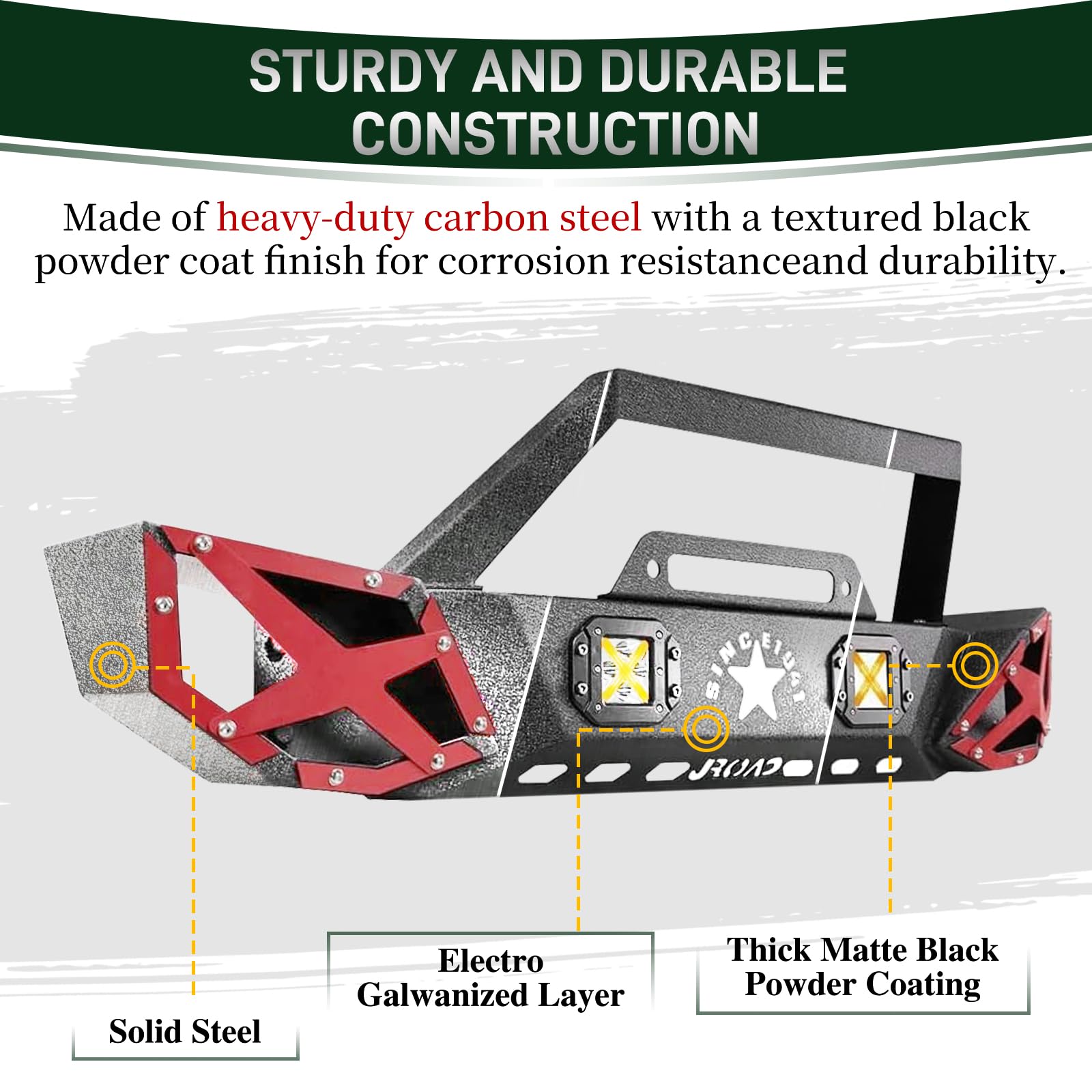 Stubby Front Bumper for Jeep Wrangler JK 2007-2018 (2/4 Door & Unlimited) with 2 LED Fog Lights & Winch Plate - Heavy Duty Steel, Textured Powder Coat - Perfect for Off-Roading & Trail Adventures