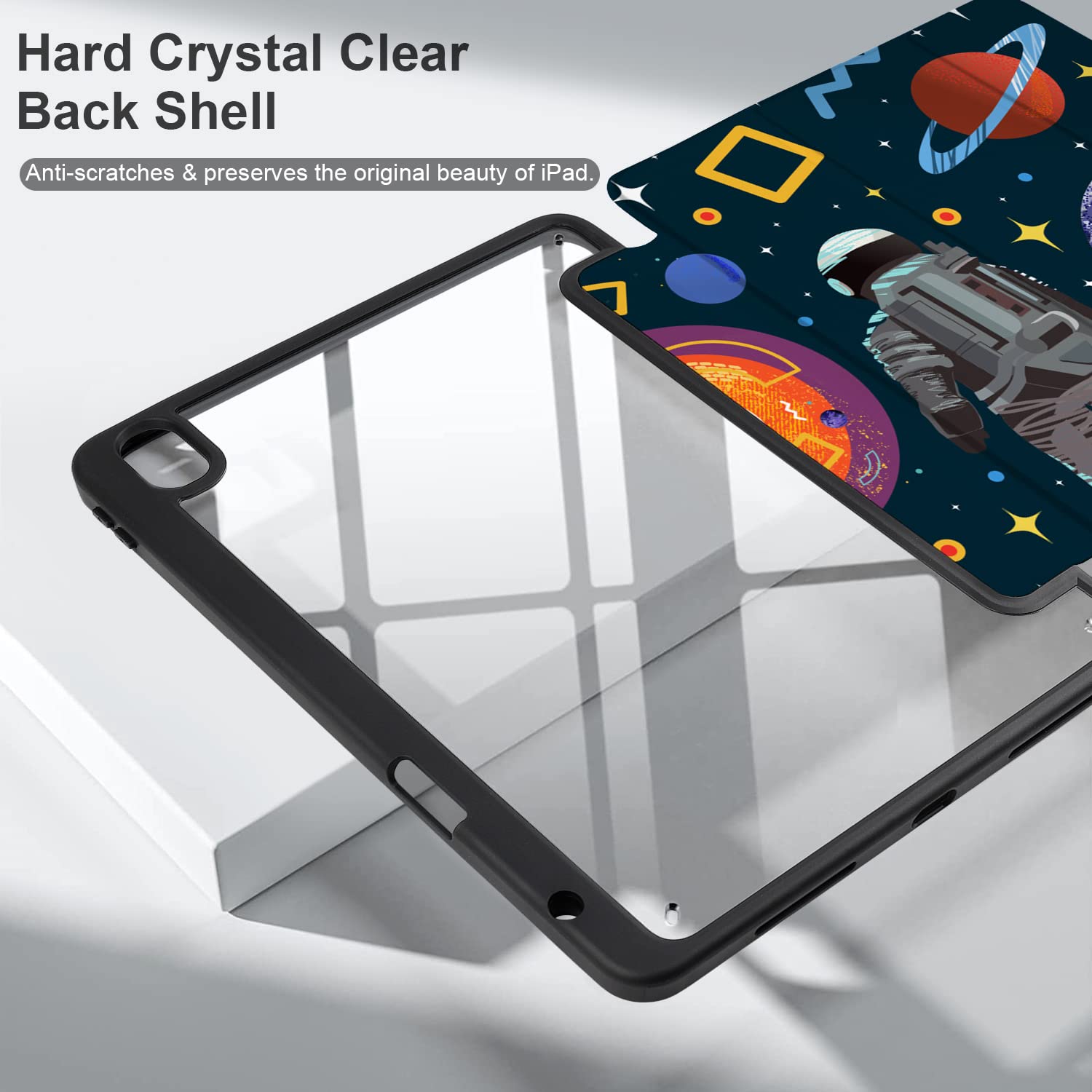 Batianda Shockproof Case for iPad 11 (2025 A16 Chip) & iPad 10th Gen 10.9-inch (2022) - Clear Transparent Back Shell with TPU Bumper, Built-in Pencil Holder, Auto Sleep/Wake | Astronaut Planet Design | Perfect for Work, School & Travel Protection