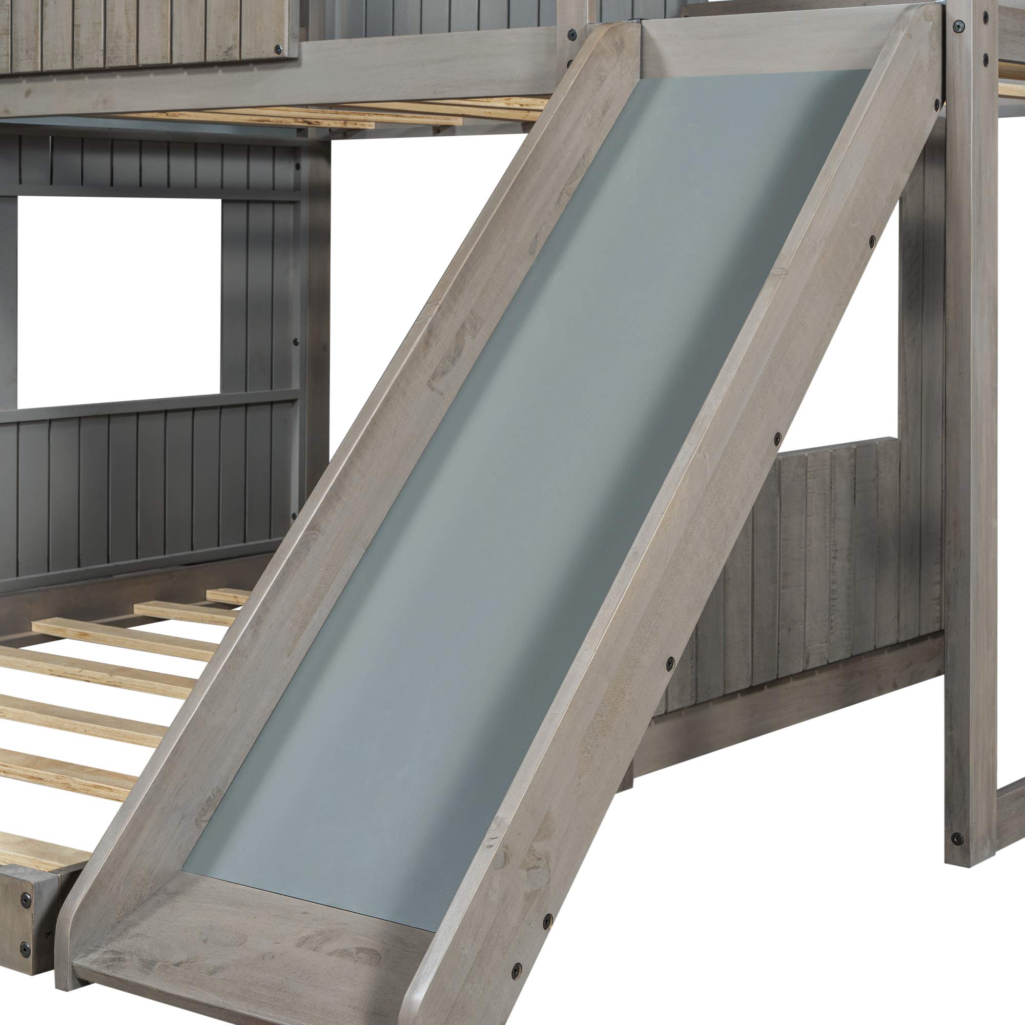 SOFTSEA Wooden Loft Bunk Bed Twin Over Full with Playhouse, Ladder, Slide & Safety Rails - Farmhouse Style Kids Bedroom Furniture (Antique Gray) - Perfect for Siblings Sharing Rooms, Daycare Centers & Vacation Homes
