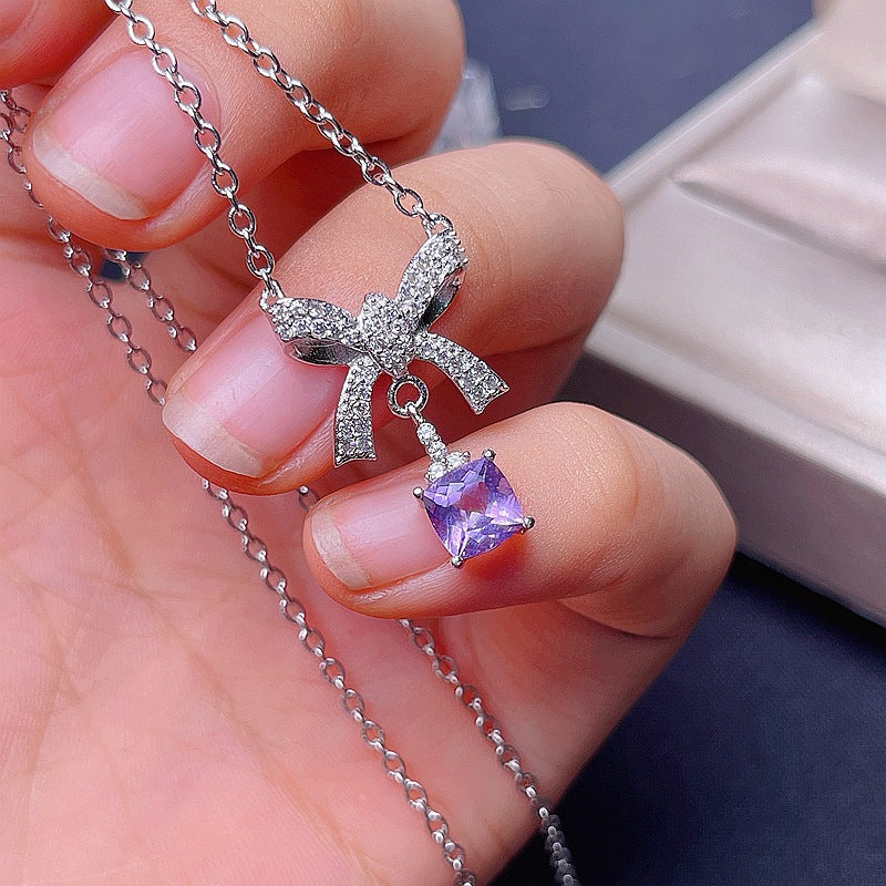 White Gold Amethyst Aquarius Bow Pendant Necklace for Women | Elegant Zodiac Jewelry Gift for Birthday, Anniversary & Valentine's Day | Perfect for Everyday Wear & Special Occasions