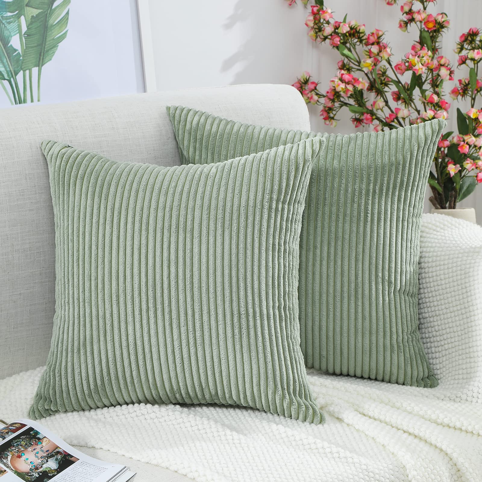 BeBen 20x20 Inch Corduroy Throw Pillow Covers Set of 2 - Soft Square Decorative Cushion Cases for Couch, Sofa, Bed, Bedroom & Car - Light Green Home Decor | Cozy Living Room & Nursery Accent Pillows