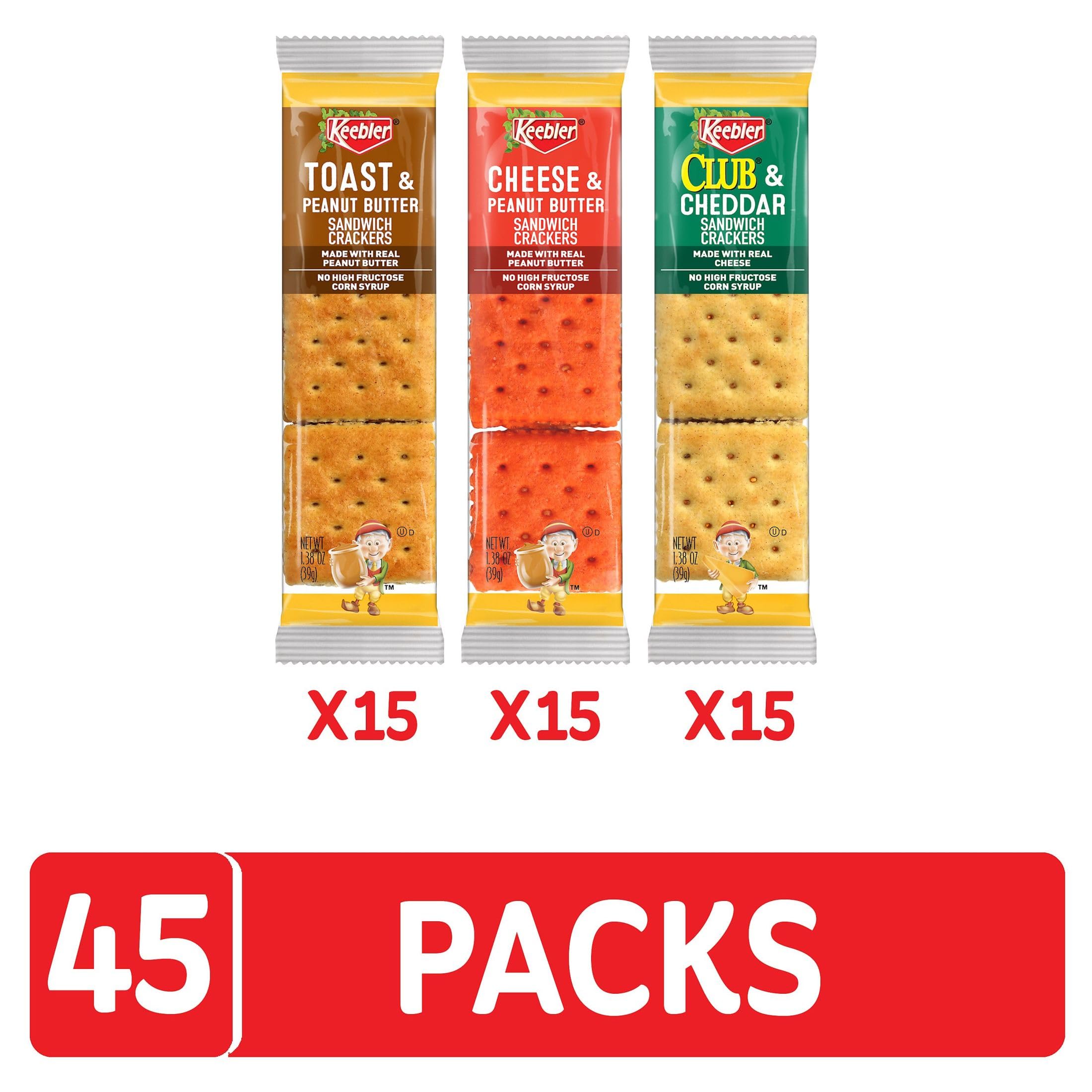 Keebler Sandwich Crackers Variety Pack - 45 Single Serve Snack Packs | Cheese & Peanut Butter Filling | Perfect for School Lunches, Office Snacks & On-the-Go Treats
