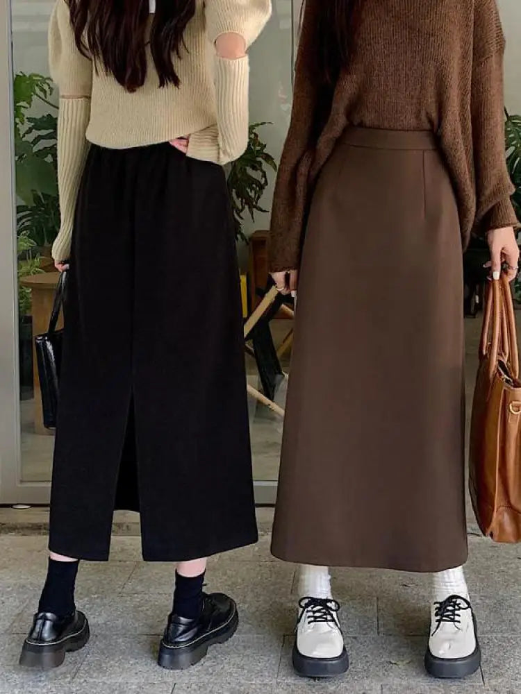 Women's Autumn Brown Wool A-Line High Waist Skirt - Elegant Straight Long Skirt with Elastic Waistband | Warm Winter Fashion for Casual Outfits & Office Wear | Korean Style Ladies Skirt