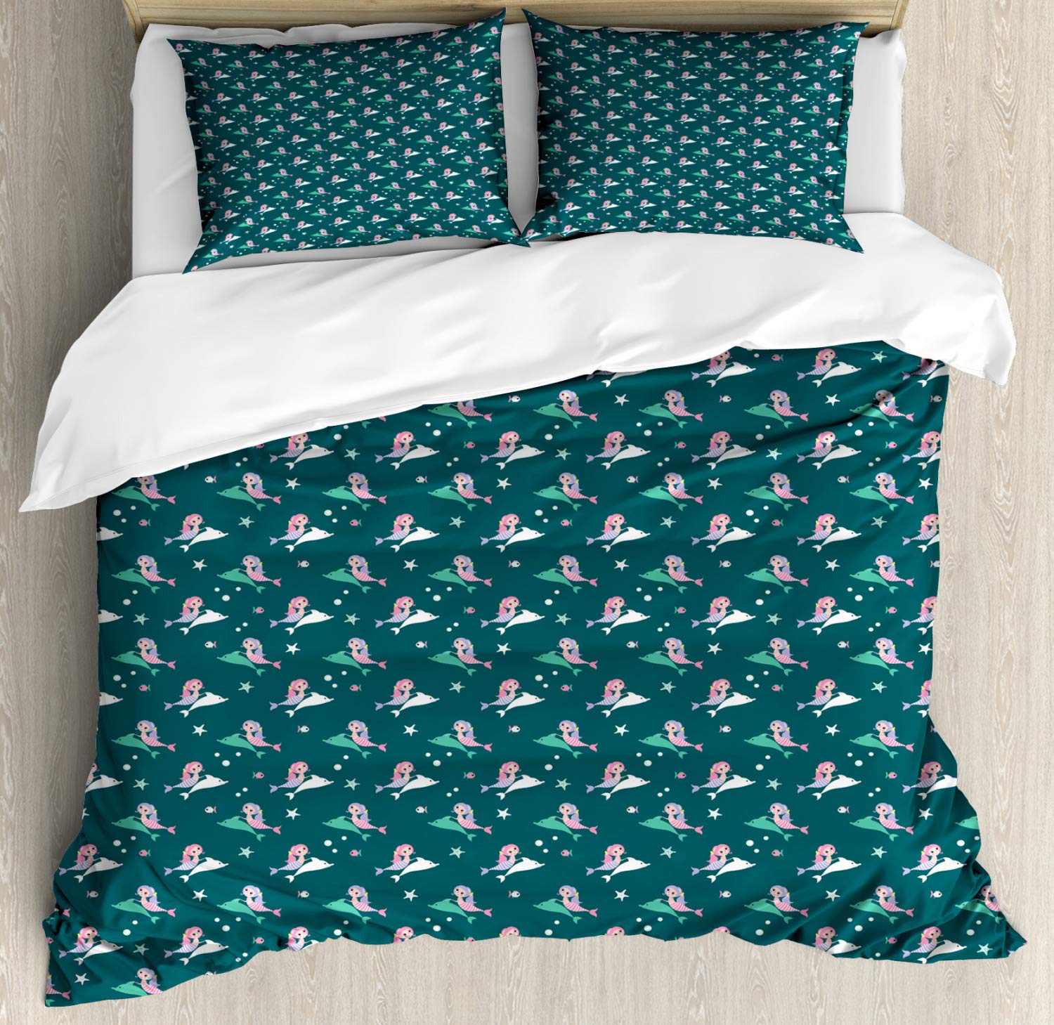 Lunarable Dolphin Duvet Cover Set - Pink Mermaid & Dolphin Ocean Theme with Starfish Dots, Twin Size 2-Piece Bedding Set (2 Duvet Covers + 2 Pillowcases), Jade Green Multicolor - Perfect for Kids' Bedrooms & Beach-Themed Decor
