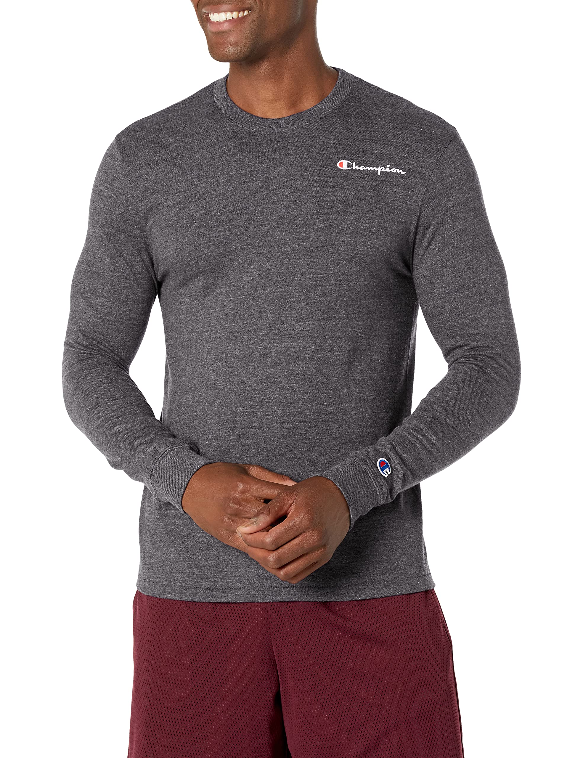 Champion Men's Powerblend Long Sleeve Crewneck T-Shirt - Soft Cotton Blend Casual Shirt for Workout, Gym & Everyday Wear