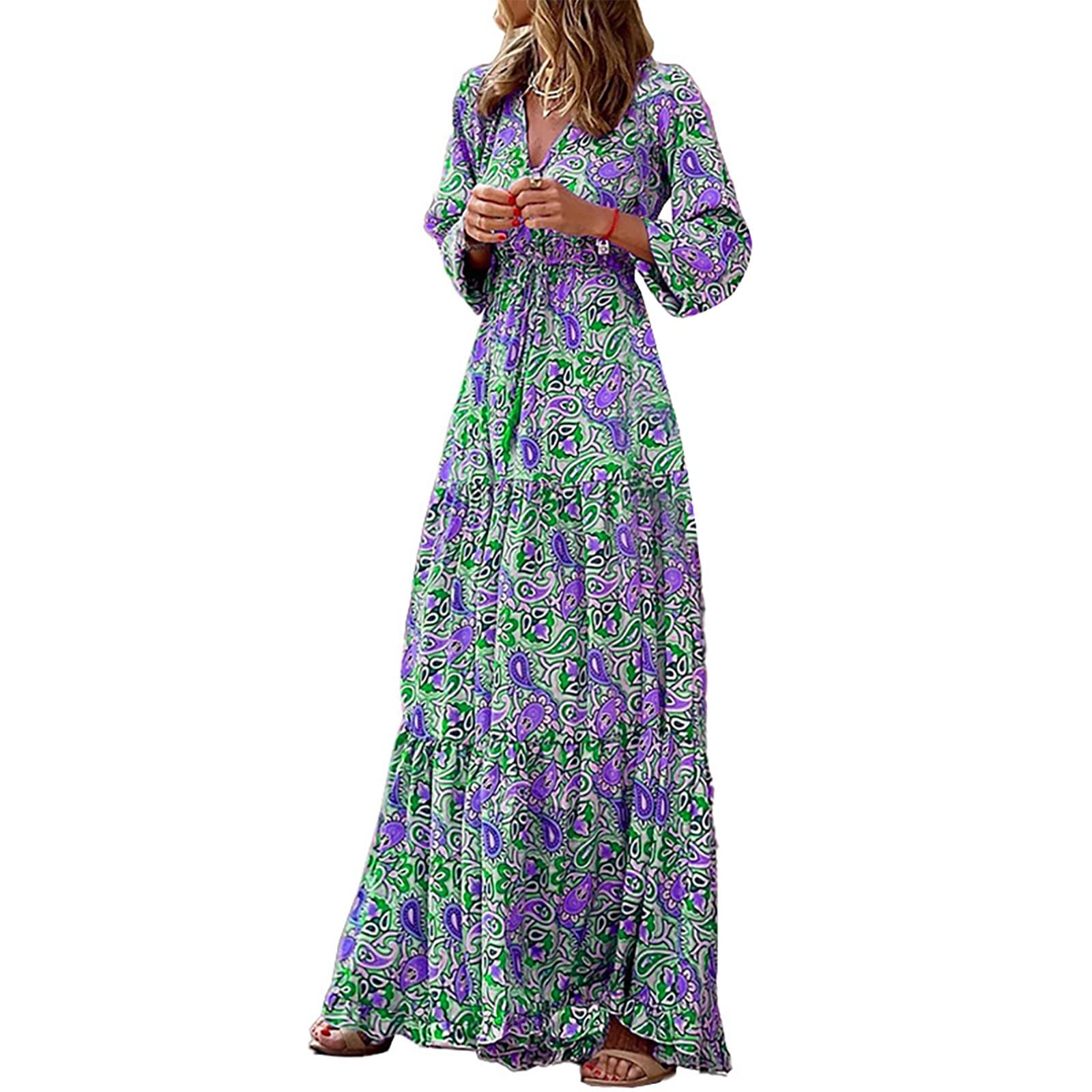 FOVIGUO Women's Bohemian Maxi Dress Long Sleeve V-Neck Empire Waist Floor Length Summer Vacation Dress - Green | Beach Wedding, Party, Date Night Outfit