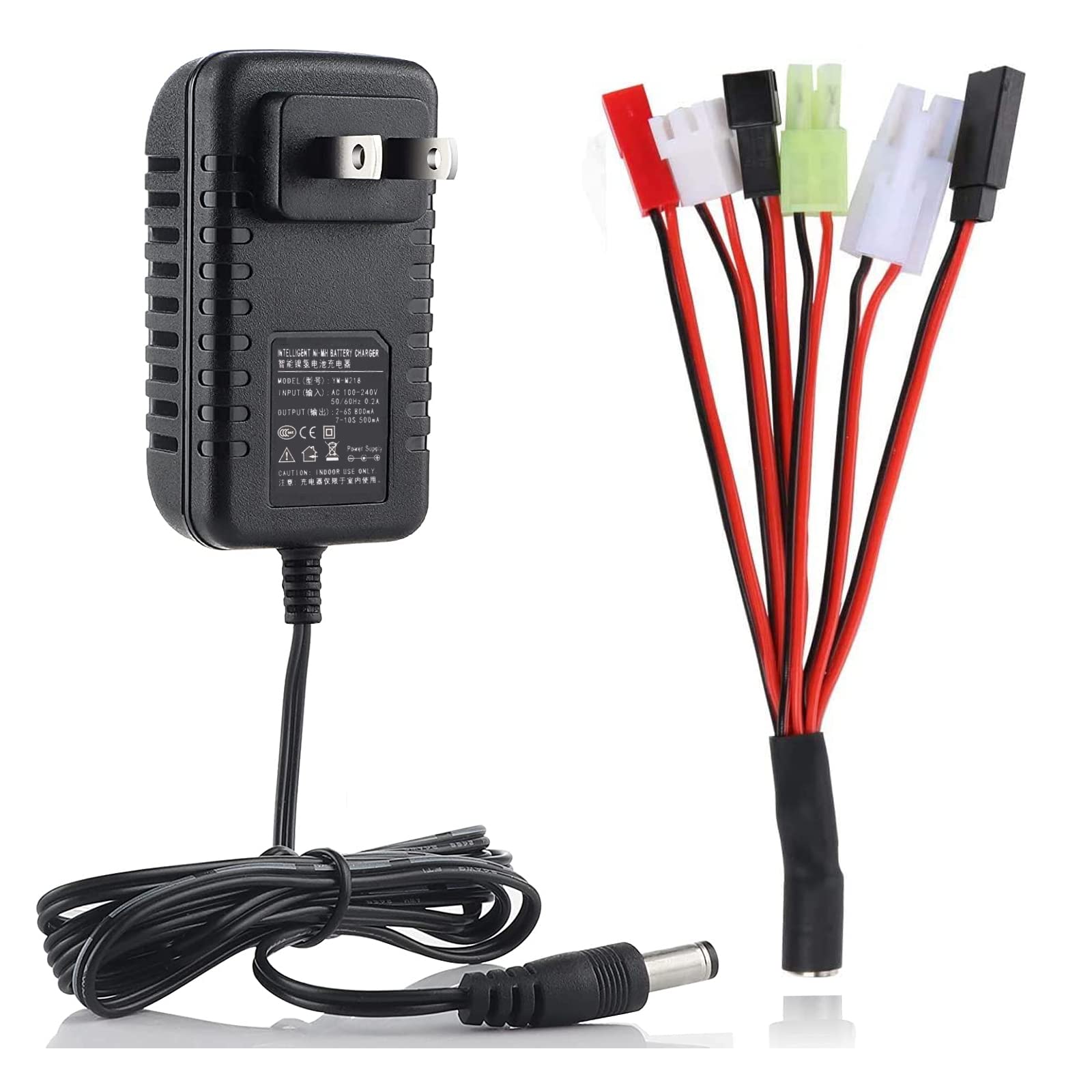 Universal NiMH/NiCd Battery Charger for RC Hobbies - 2-10S 500-800mA AC-DC Charger with 5 Converter Plugs | Perfect for Airsoft, RC Cars, Drones & Toy Battery Packs