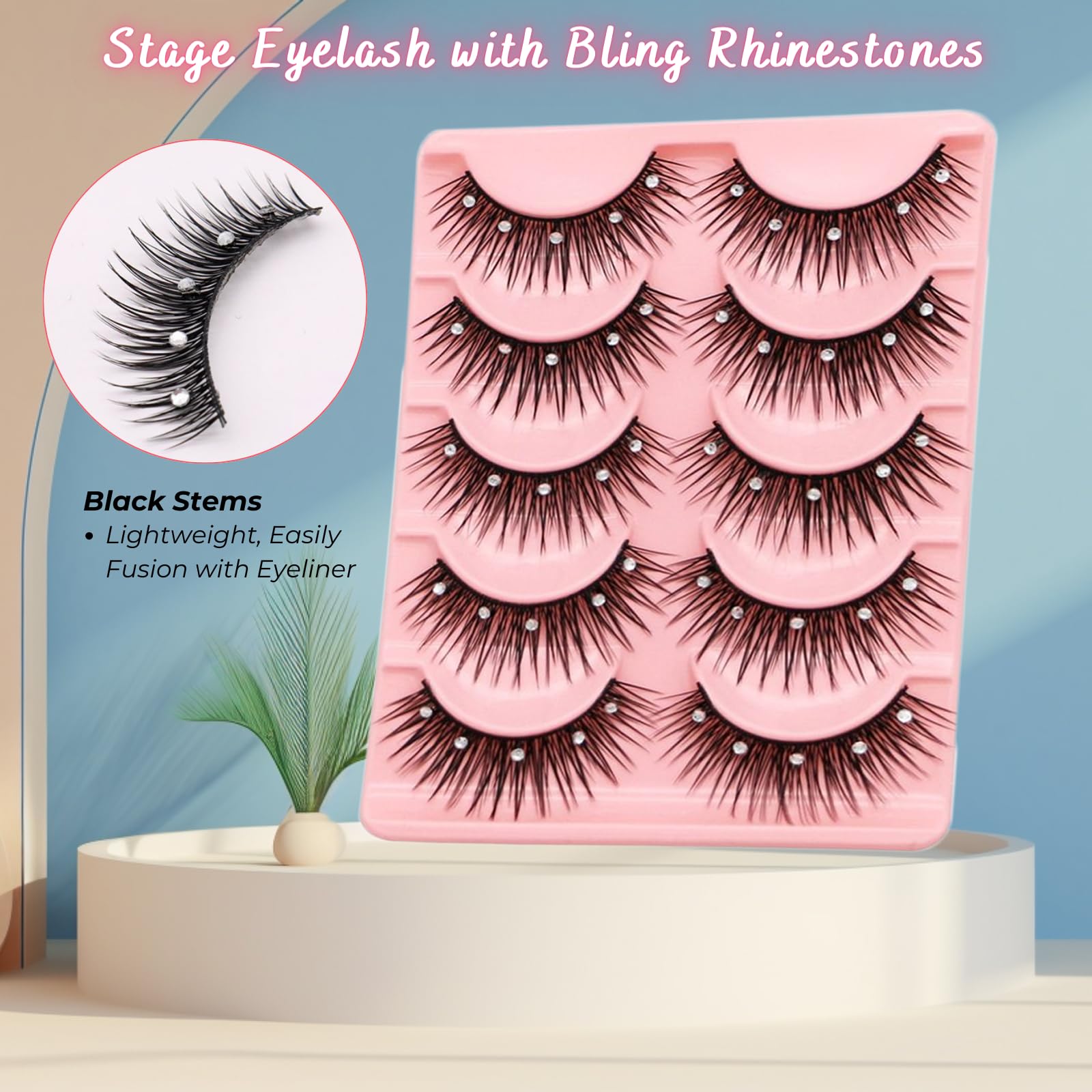 5 Pairs Glitter Lashes 3D Fluffy Natural Anime Eyelashes with Rhinestones - 13mm Dramatic Manga Lashes for Cosplay, Halloween, New Year Party & Stage Makeup (Black Stems) | Perfect for Costume Events, Photo Shoots & Special Occasions