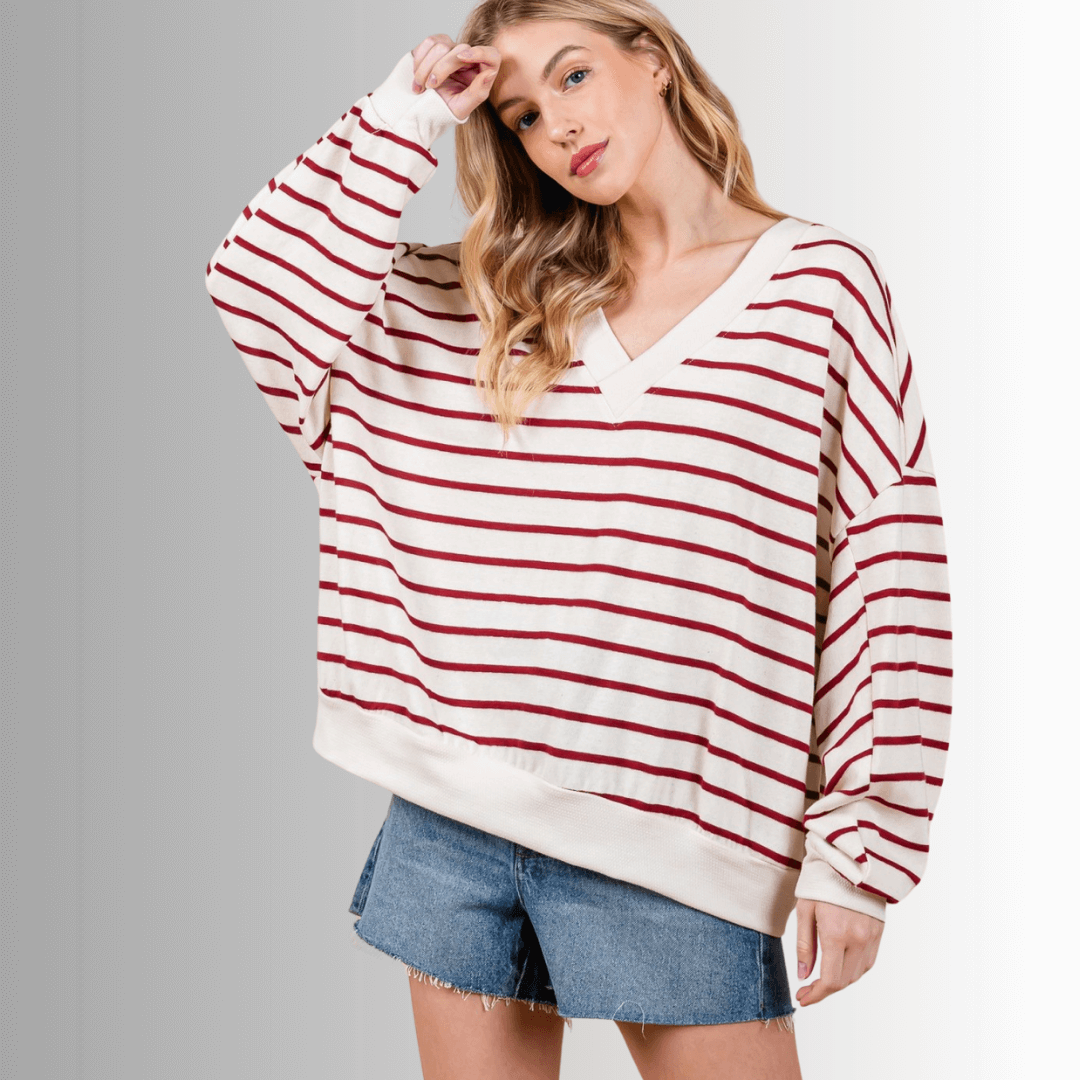 Stylish Crimson & Cream Striped Double V Neck Top - Made in USA | Perfect for Casual Outings, Date Nights & Layered Looks