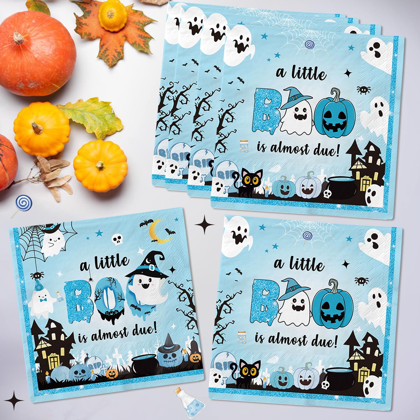 48Pcs Little Boo Baby Shower Napkins - Blue Halloween Themed Party Decorations for Baby Boy | Perfect for Baby Shower, Halloween Party & Gender Reveal Celebrations