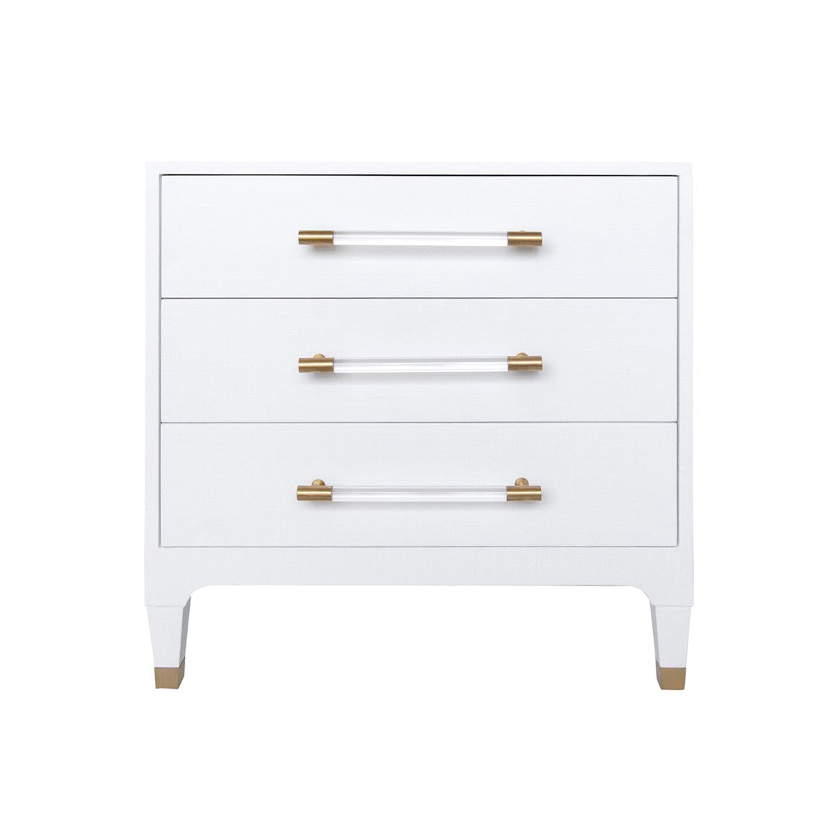 Textured White Linen 3-Drawer Nightstand with Antique Brass & Acrylic Hardware - Perfect for Bedroom, Living Room or Office Storage