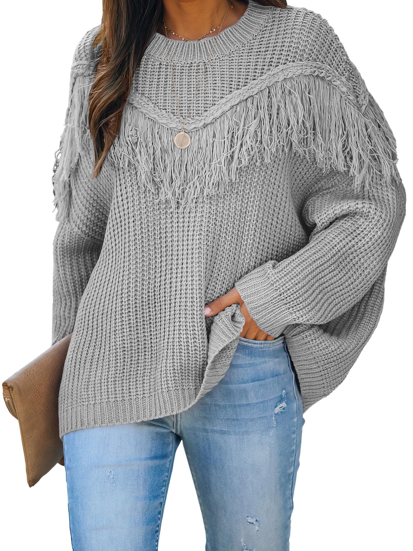 LOGENE Women's Casual Loose Knit Sweater with Tassel Detail - Round Neck Long Sleeve Cable Knit Pullover for Fall Winter Fashion | Perfect for Office, Dating & Weekend Outfits