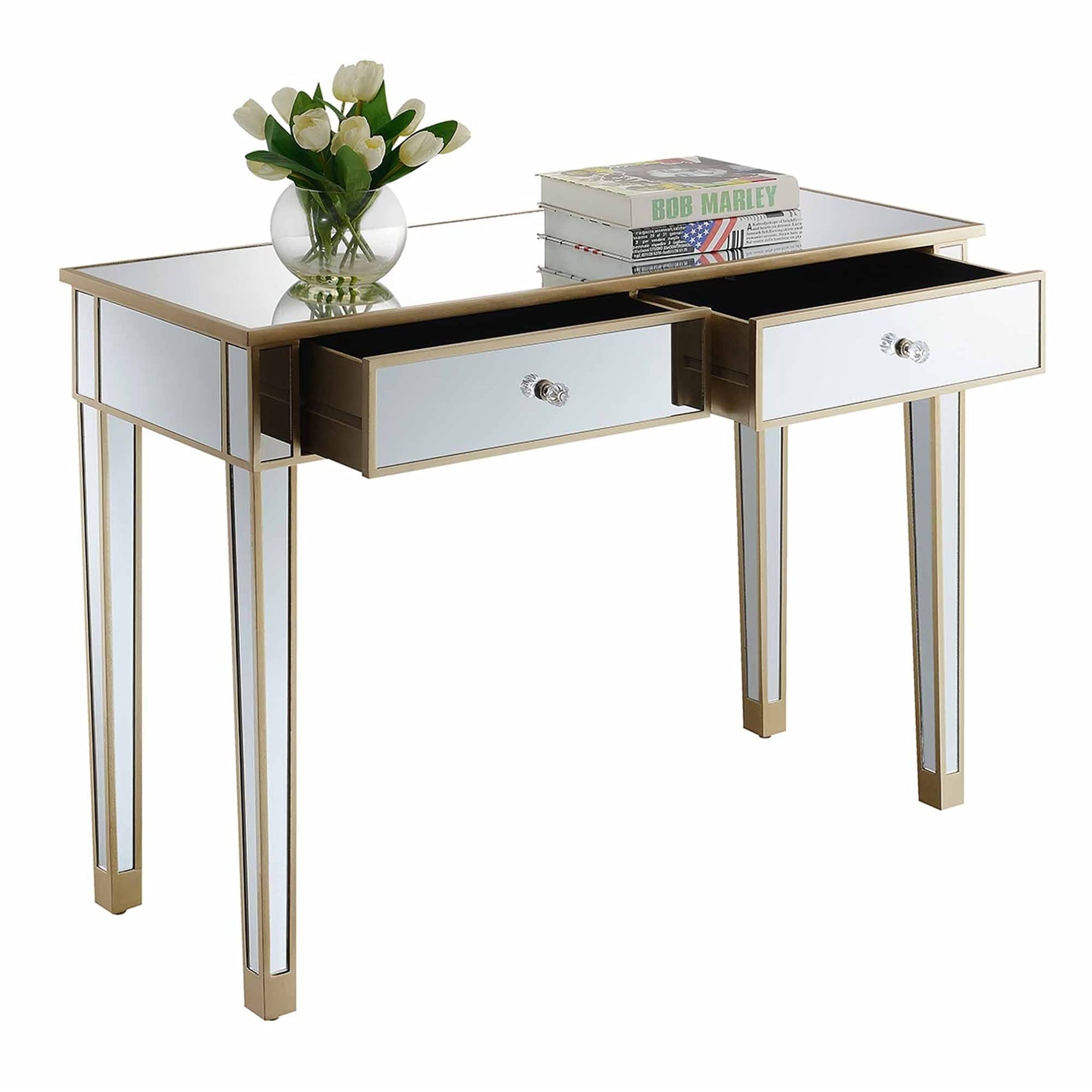 Ergode Gold Coast Mirrored 2 Drawer Desk - Modern Vanity Dresser with Mirror for Bedroom, Home Office & Makeup Station - Elegant Storage Solution for Cosmetics, Jewelry & Office Supplies