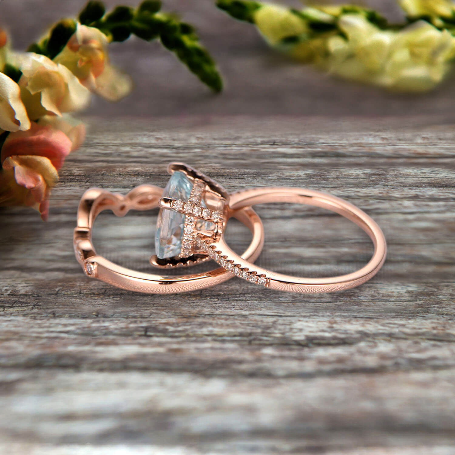 1.75 Carat 2Pcs Aquamarine Wedding Ring Set - Cushion Cut Aquamarine Engagement Ring with 10k Rose Gold Curved Art Deco Matching Band - Personalized Bridal Jewelry for Weddings, Anniversaries & Special Occasions