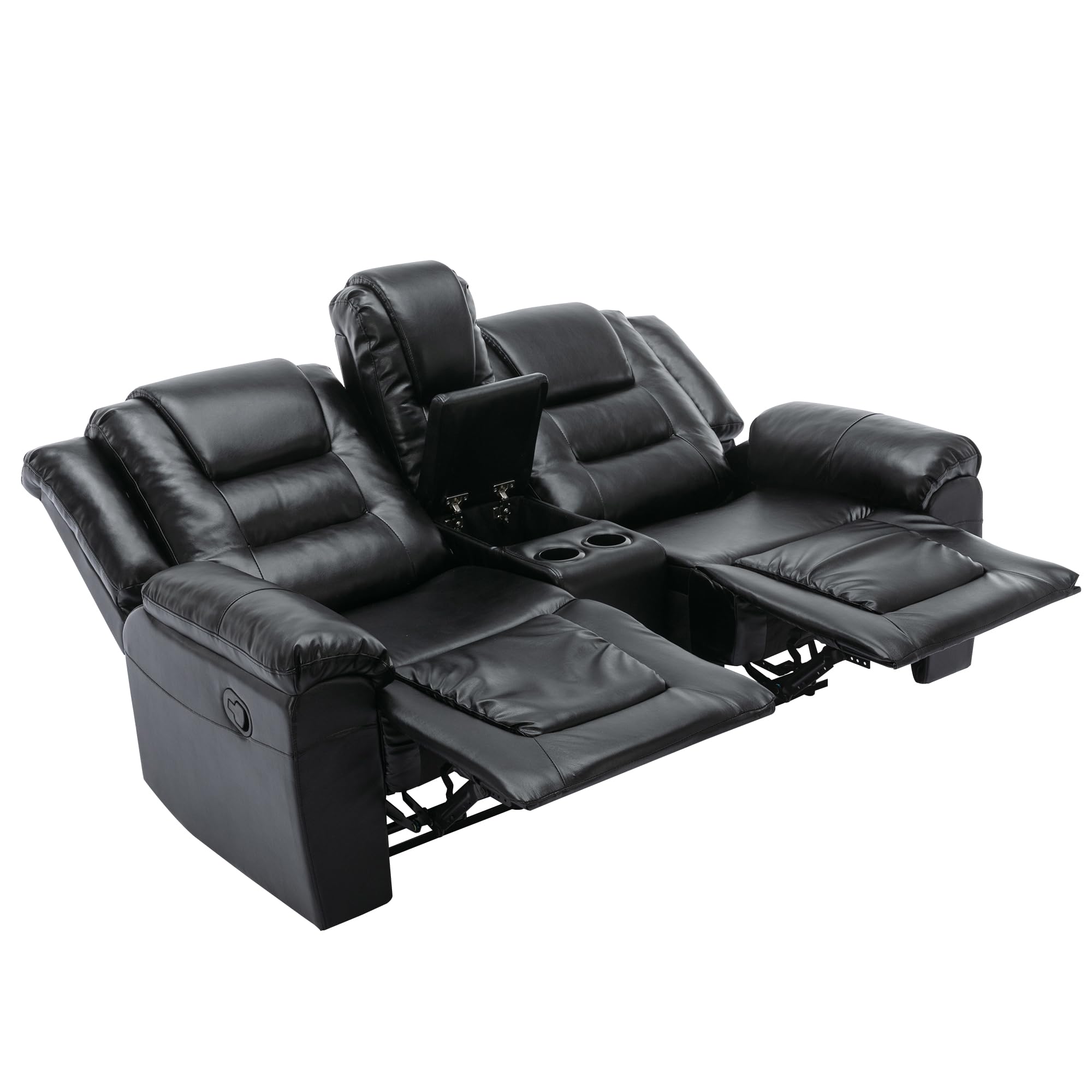 Premium PU Leather Manual Reclining Sofa with Storage & Cup Holders - Comfortable 2-Seater Living Room Furniture for Small Spaces, Modern Home Theater & Game Room Use - Black