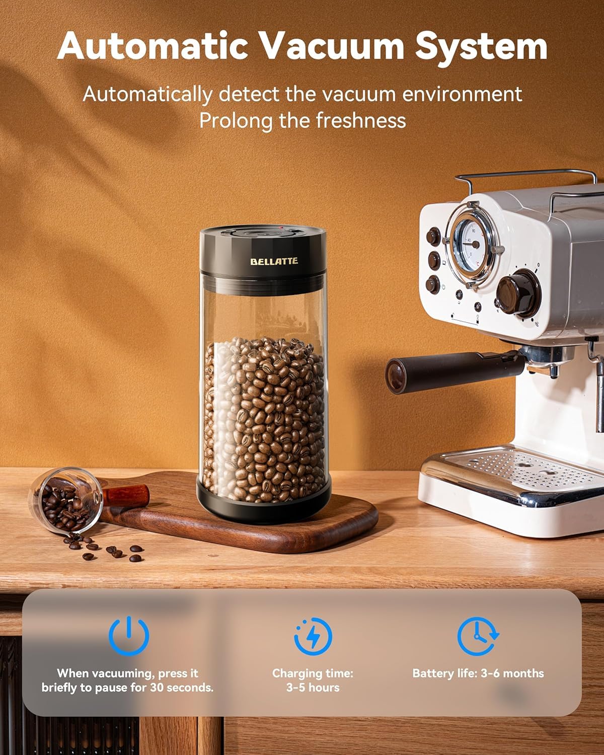 Vacuum Coffee Storage Container 1.2L - Airtight Glass Coffee Canister with Auto Seal Lid & Date Tracker - Holds 16oz Coffee Beans - Dishwasher Safe - Perfect for Kitchen Countertop, Pantry Organization & Fresh Coffee Preservation