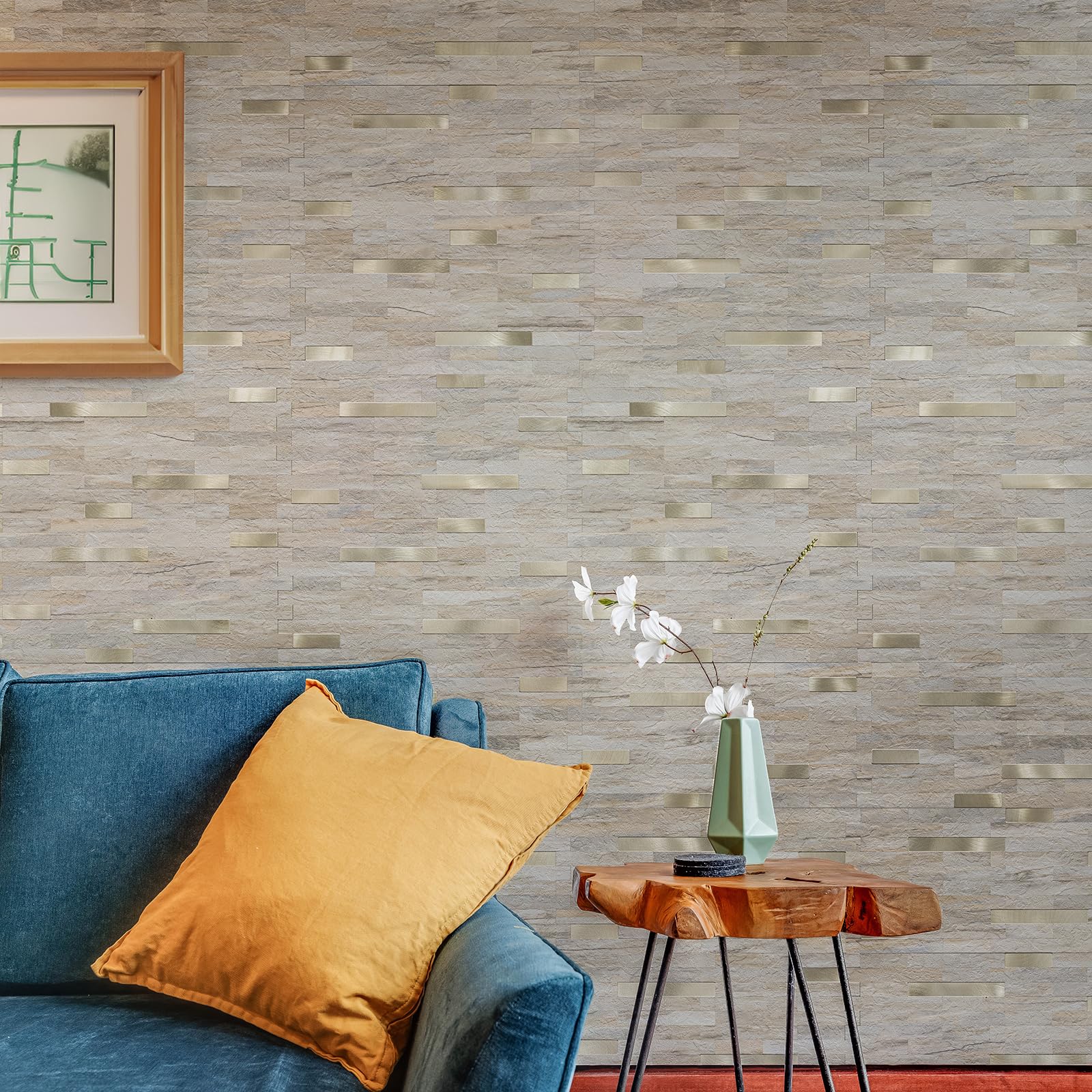 20 Sheets Peel and Stick Backsplash Tiles - Beige with Gold Metallic Finish - Self-Adhesive Kitchen Backsplash for Countertops, RV, Fireplace - Easy DIY Home Upgrade for Kitchens, Bathrooms & Laundry Rooms