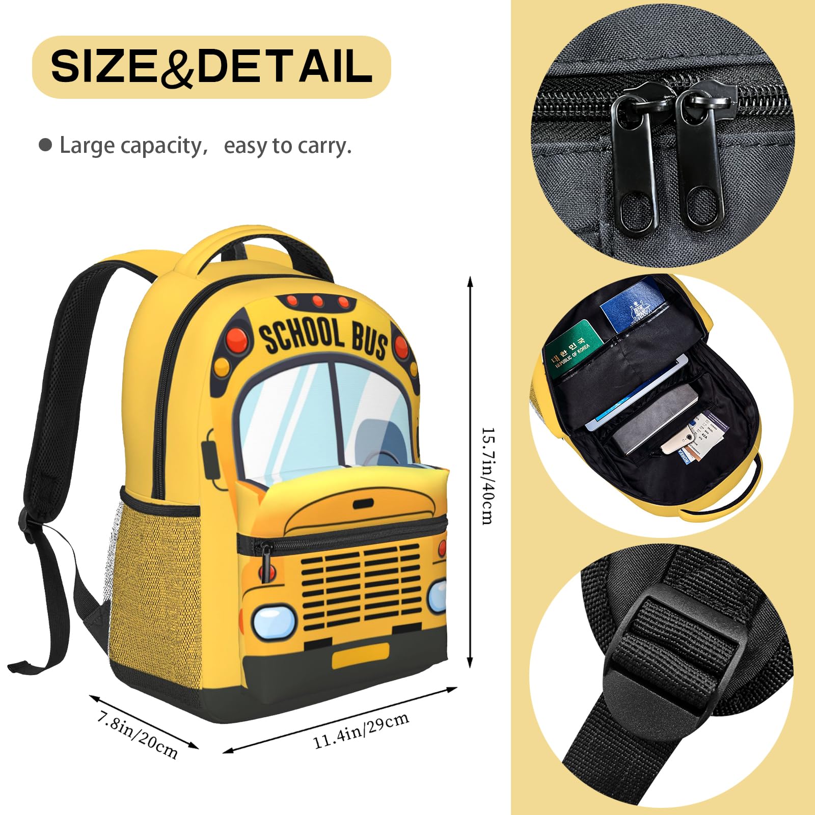**Yellow Kids School Bus Backpack - Cartoon Pattern Bookbag for Boys & Girls - Durable Backpack for School, Travel & Daily Use**