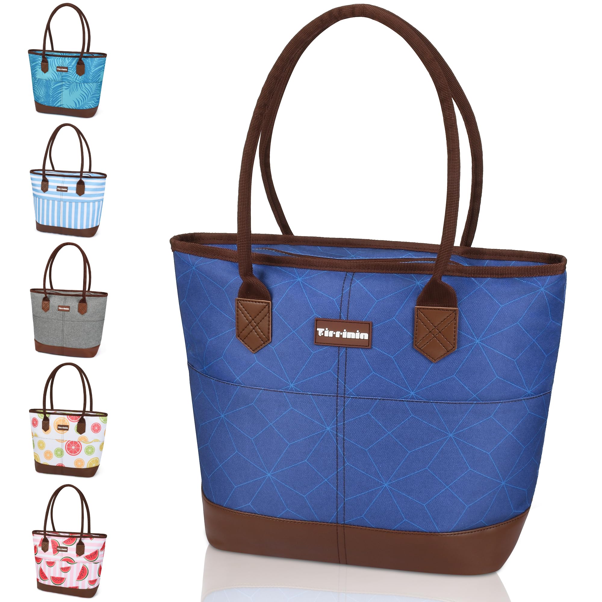 Tirrinia Large Insulated Lunch Tote Bag for Women - Waterproof Leakproof Cooler Bag with Zipper for Work, Beach, Grocery Shopping | Perfect for Office Lunch, Picnics, and Keeping Frozen Food Fresh - Navy Diamond Pattern