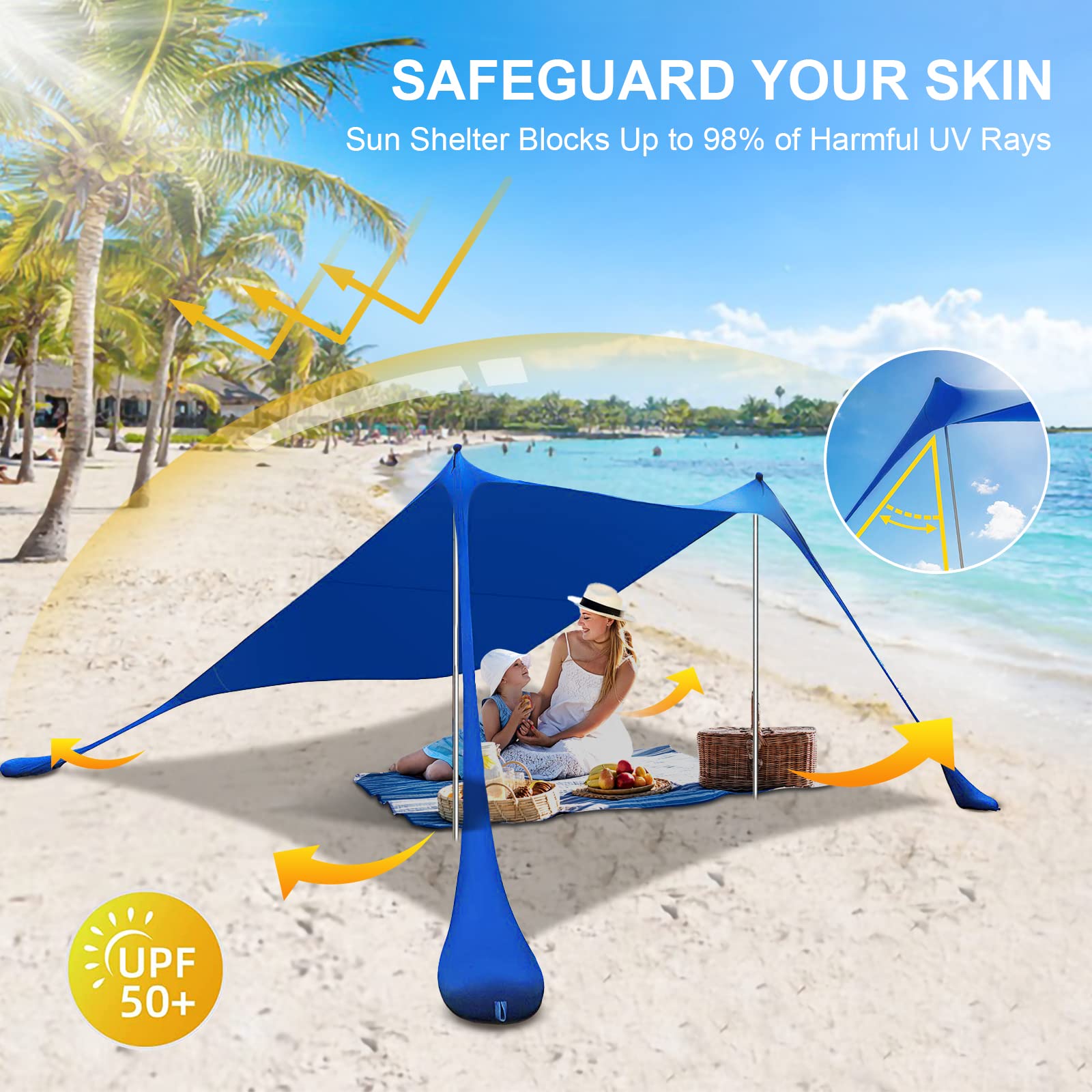 10X10 ft Beach Tent Sun Shelter with Sand Shovel, Tent Stakes & Stability Poles - UPF50+ Sun Shade Canopy for Camping, Fishing, Picnics, Backyard Fun - Perfect for Family Beach Days and Outdoor Adventures
