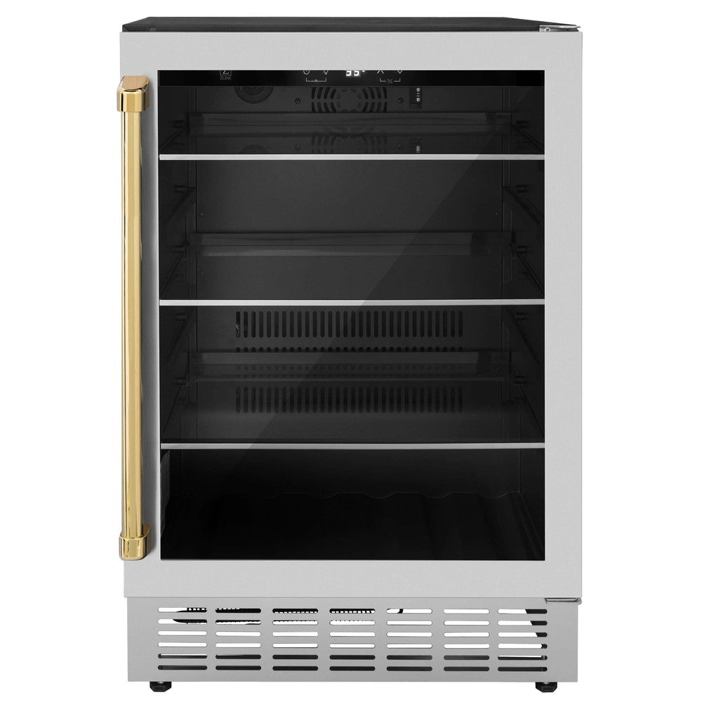 ZLINE Autograph Edition 24 Inch Stainless Steel Beverage Cooler with Polished Gold Accents - 154 Can Capacity (RBVZ US 24 G) | Perfect for Home Bars, Man Caves, and Entertaining Guests