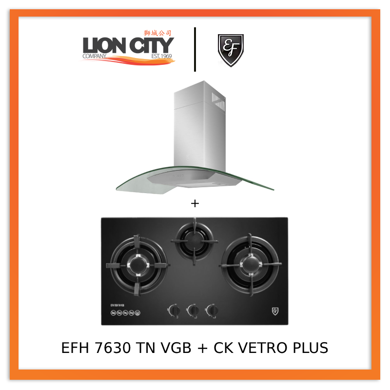 EF 90 CM Chimney Cooker Hood CK Vetro Plus & EF EFH 7630 TN VGB Glass Hob - Modern Kitchen Ventilation & Induction Cooktop Set for Home Cooking & Professional Chefs
