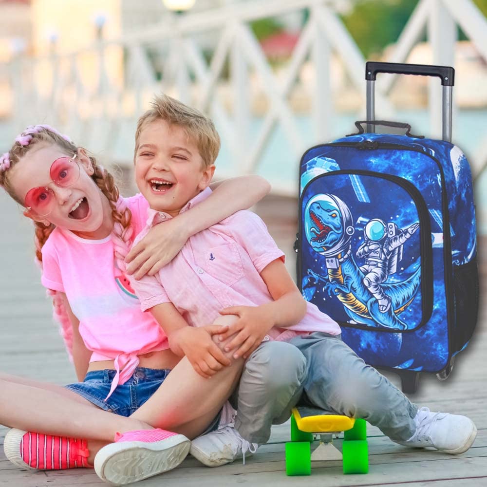 Dinosaur Kids Suitcase with Wheels - Rolling Luggage for Boys & Girls, Travel Carry-On for Toddlers & Elementary School Children - Perfect for Airplane Trips, Road Trips & Sleepovers