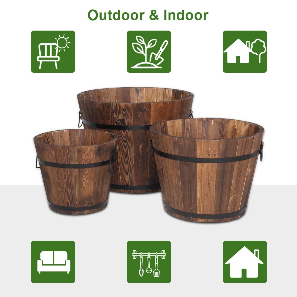 3 Pcs Wooden Planter Barrel Set with Handle & Drainage Holes - Rustic Whiskey Barrel Flower Pots for Plants, Herbs, Vegetables - Indoor & Outdoor Garden Decor for Patio, Balcony, Backyard