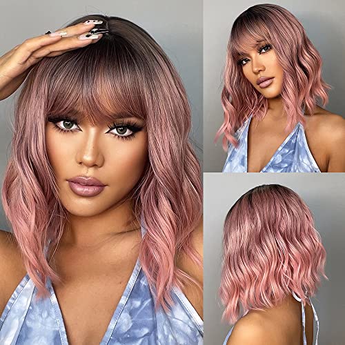 HAIRCUBE Short Ombre Pink Curly Wigs With Bangs - Heat Resistant Synthetic Wavy Bob Wigs for Women | Perfect for Cosplay, Halloween, Daily Fashion & Costume Parties