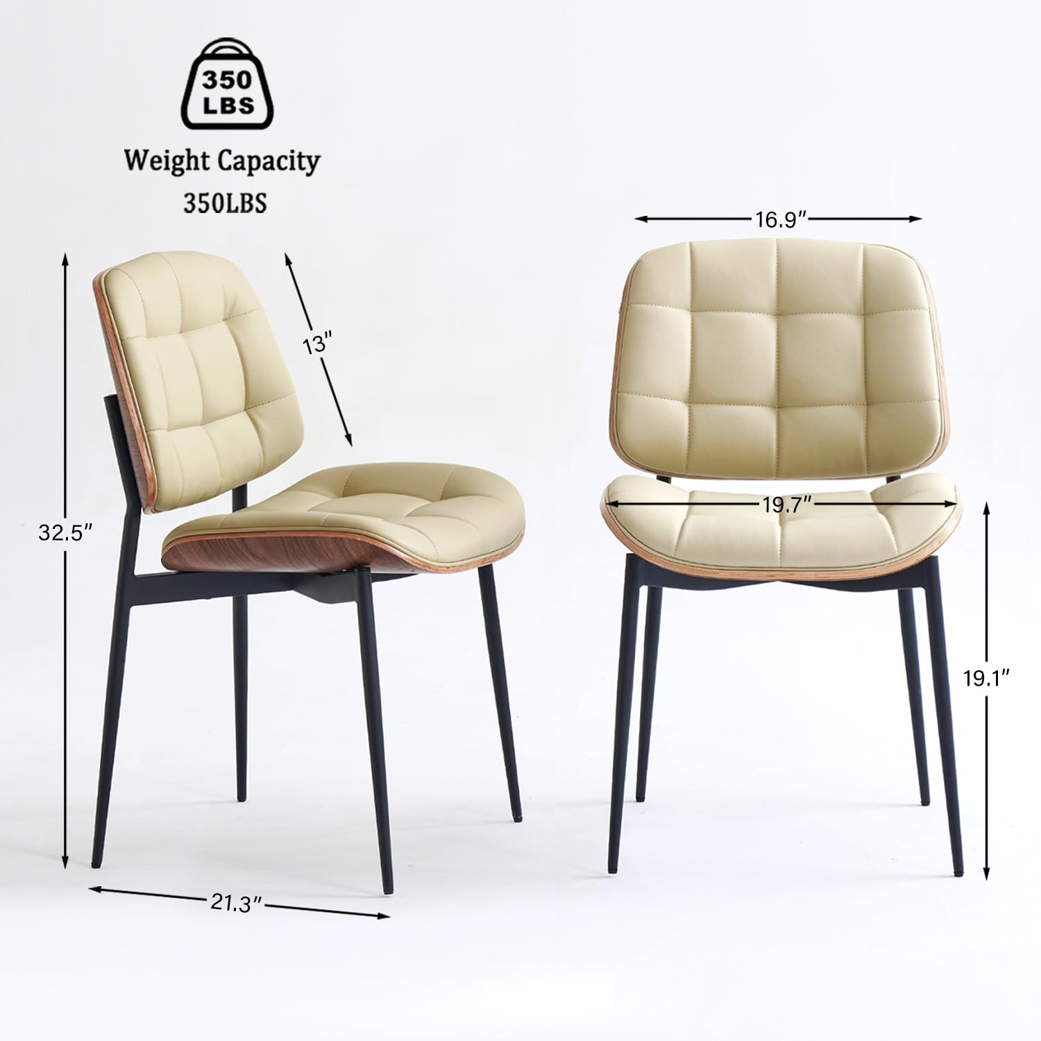 Mid Century Modern Dining Chairs Set of 4 - Walnut Grain Back, Beige Faux Leather Upholstery, Checkered Soft Cushion & Adjustable Foot Pads - Elegant Kitchen & Dining Room Chairs for Home, Restaurant or Cafe