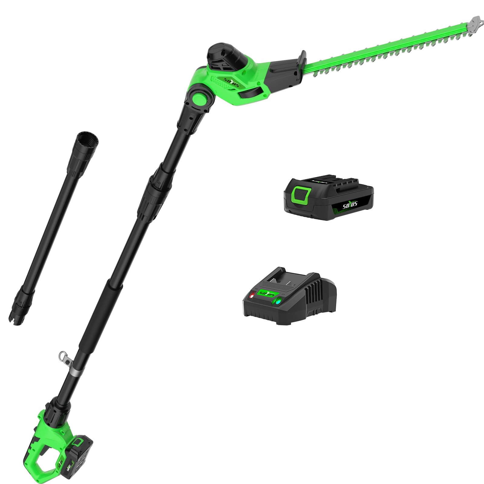 SOYUS 18-Inch Cordless Pole Hedge Trimmer with Extension Pole - 15-Foot Max Reach, Multi-Angle Adjustment, 2.0Ah Battery & Charger Included - Perfect for Tall Hedges, Bushes, and Hard-to-Reach Landscaping Areas