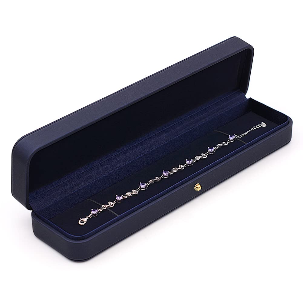 Premium Blue Leather Jewelry Box with Velvet Interior - Long Chain Bracelet, Necklace & Watch Storage Case - Elegant Gift for Wedding, Engagement, Proposal, Birthday & Anniversary - Perfect for Jewelry Display, Organization & Gift-Giving