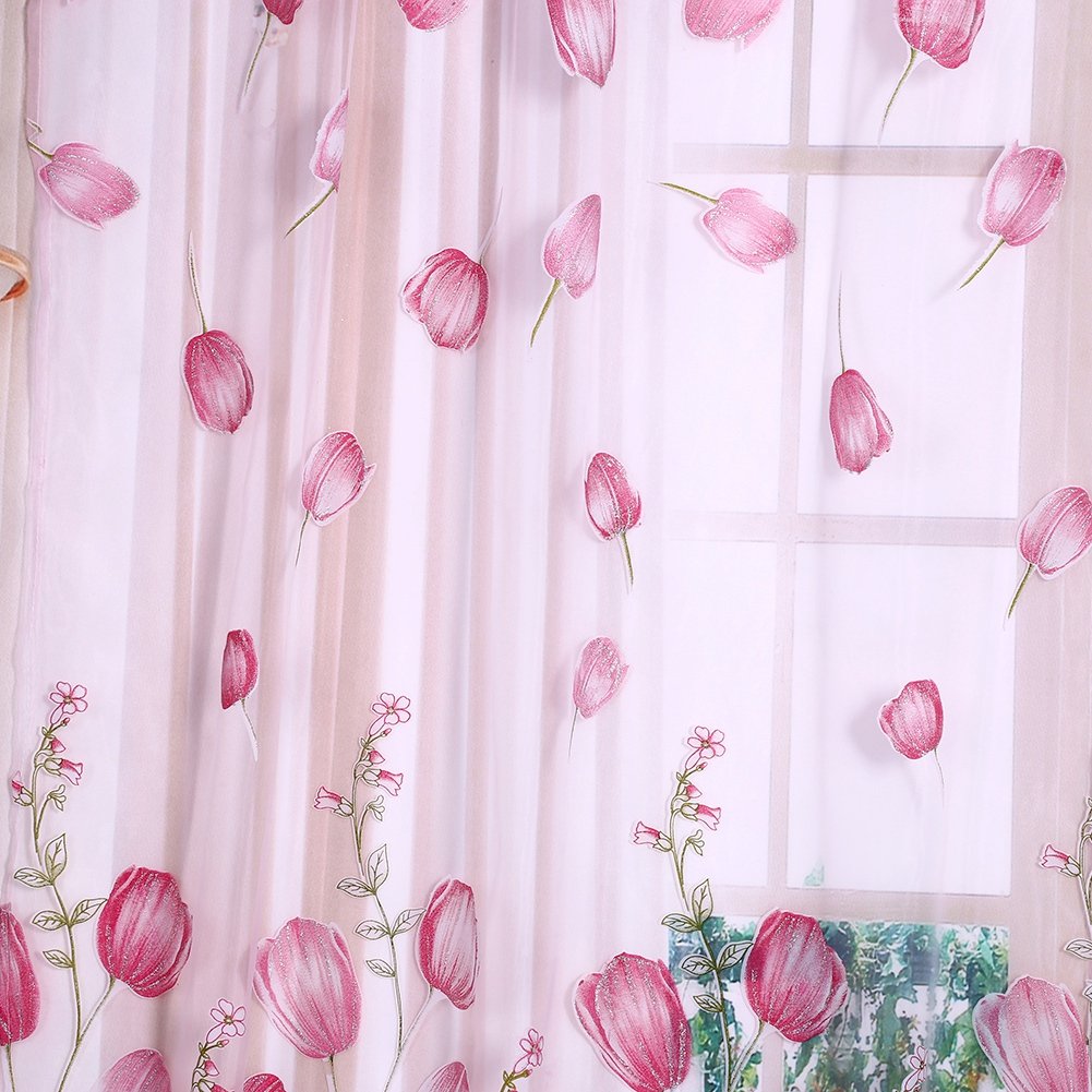 Yencoly Sheer Tulle Printed Window Curtain - Pink Elegant Drape for Living Room & Bedroom | Easy to Clean Light Filtering Curtains for Home Decor & Wedding Backdrop